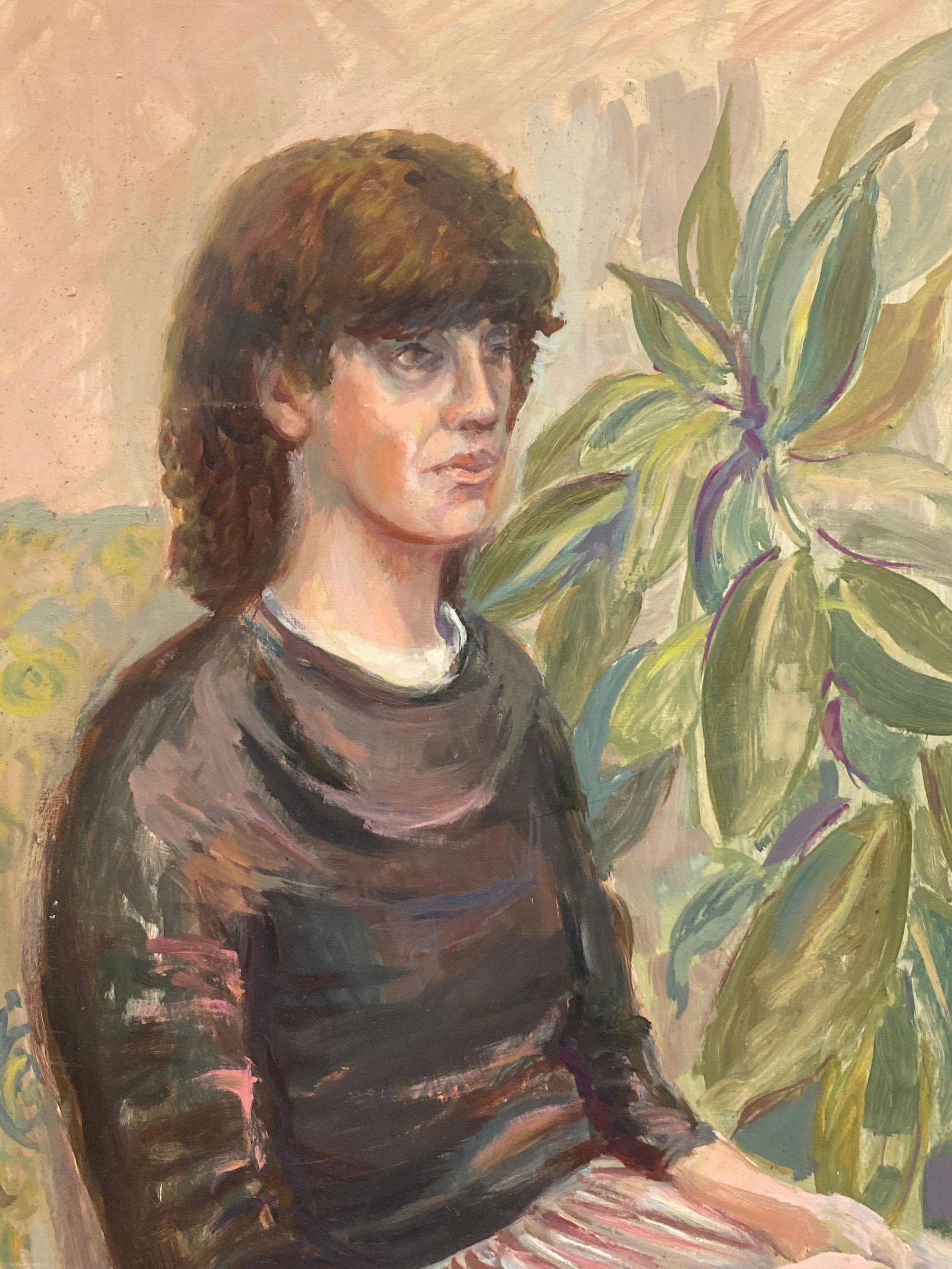 Large 1960's British Original Oil Painting, Lady Sat Among Green Plants, circa 1960s - 5