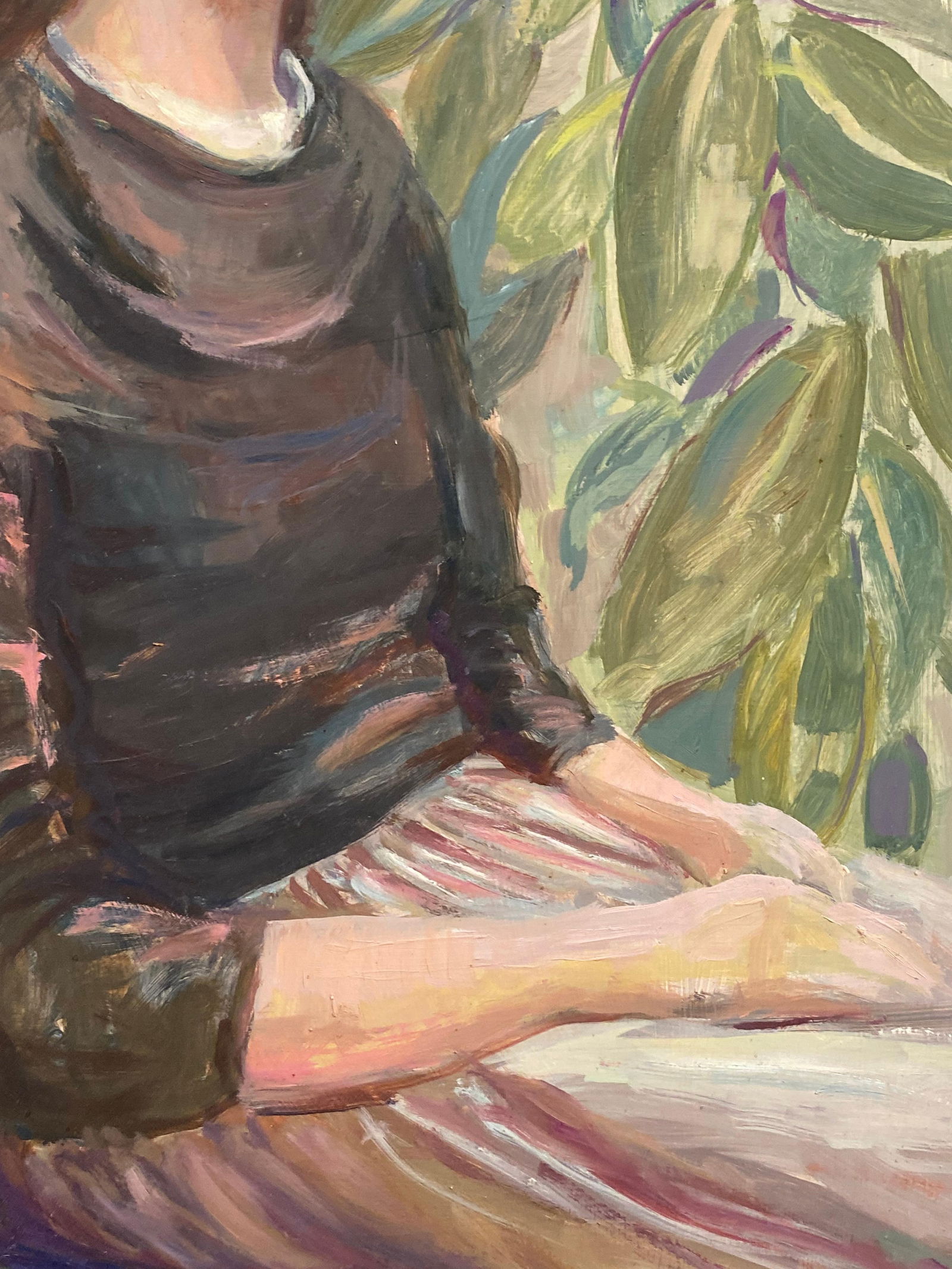 Large 1960's British Original Oil Painting, Lady Sat Among Green Plants, circa 1960s - 6