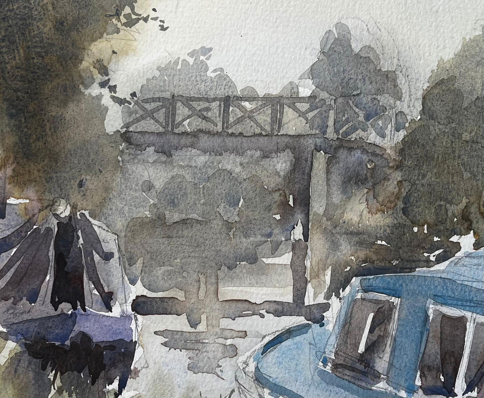 Anthony Herbert; Caldon Canal with narrowboats footbridge and trees Staffordshire scene 1997, 1997 - 2