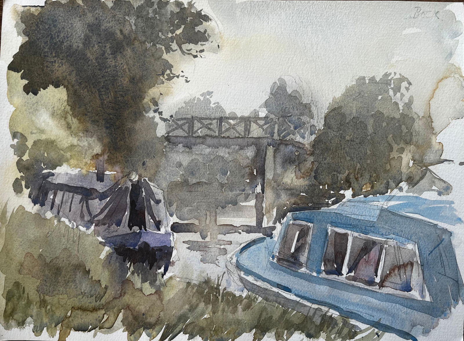 Anthony Herbert; Caldon Canal with narrowboats footbridge and trees Staffordshire scene 1997, 1997 - 4