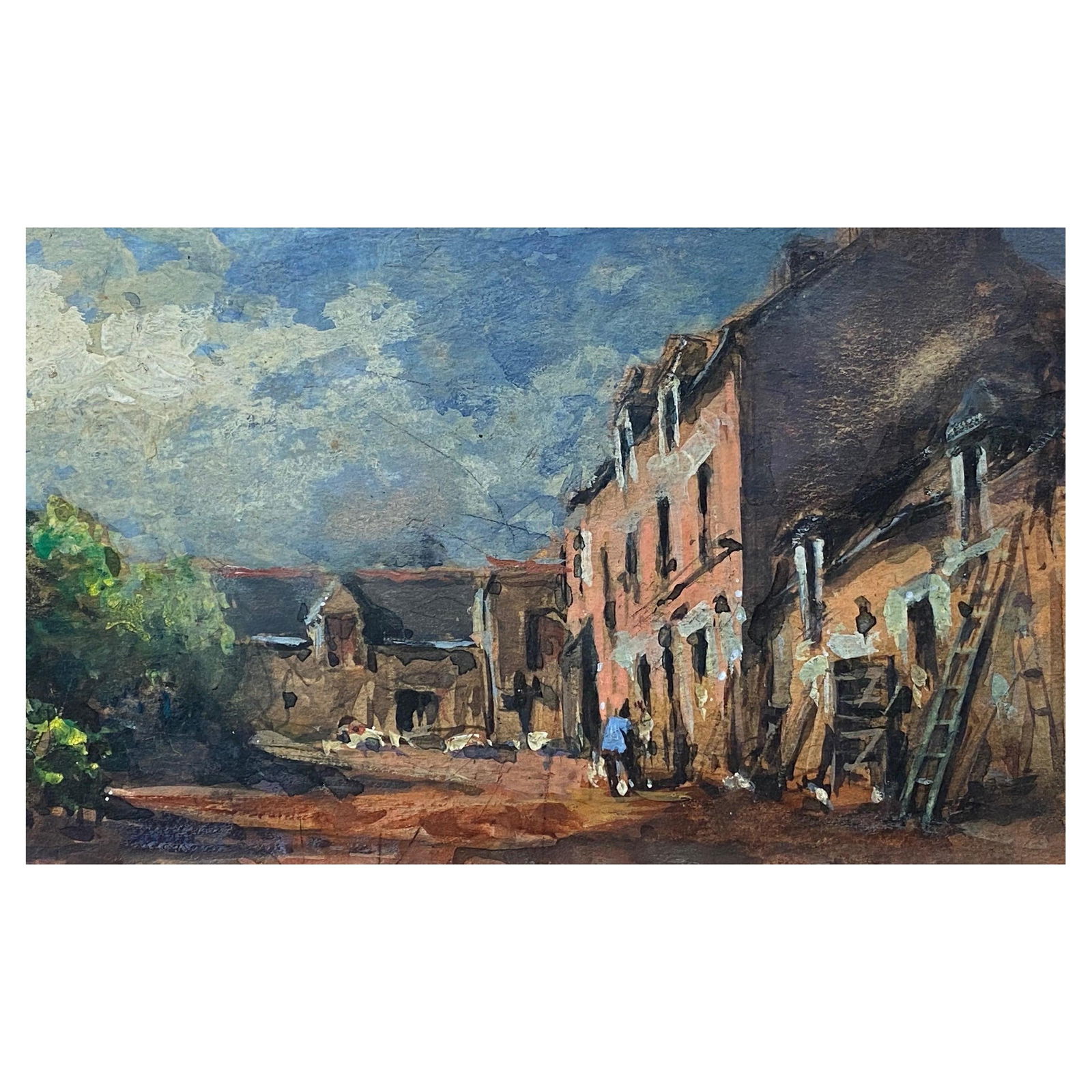 French Impressionist En Plein Air Oil Painting - Village Scene with Figures, 20th Century: Title: French Impressionist En Plein Air Oil Painting - Village Scene with Figures, 20th Century Description: Artist: Beryl Darton (British circa 1960's). Period: mid 20th century/ 1960's. Medium: oil