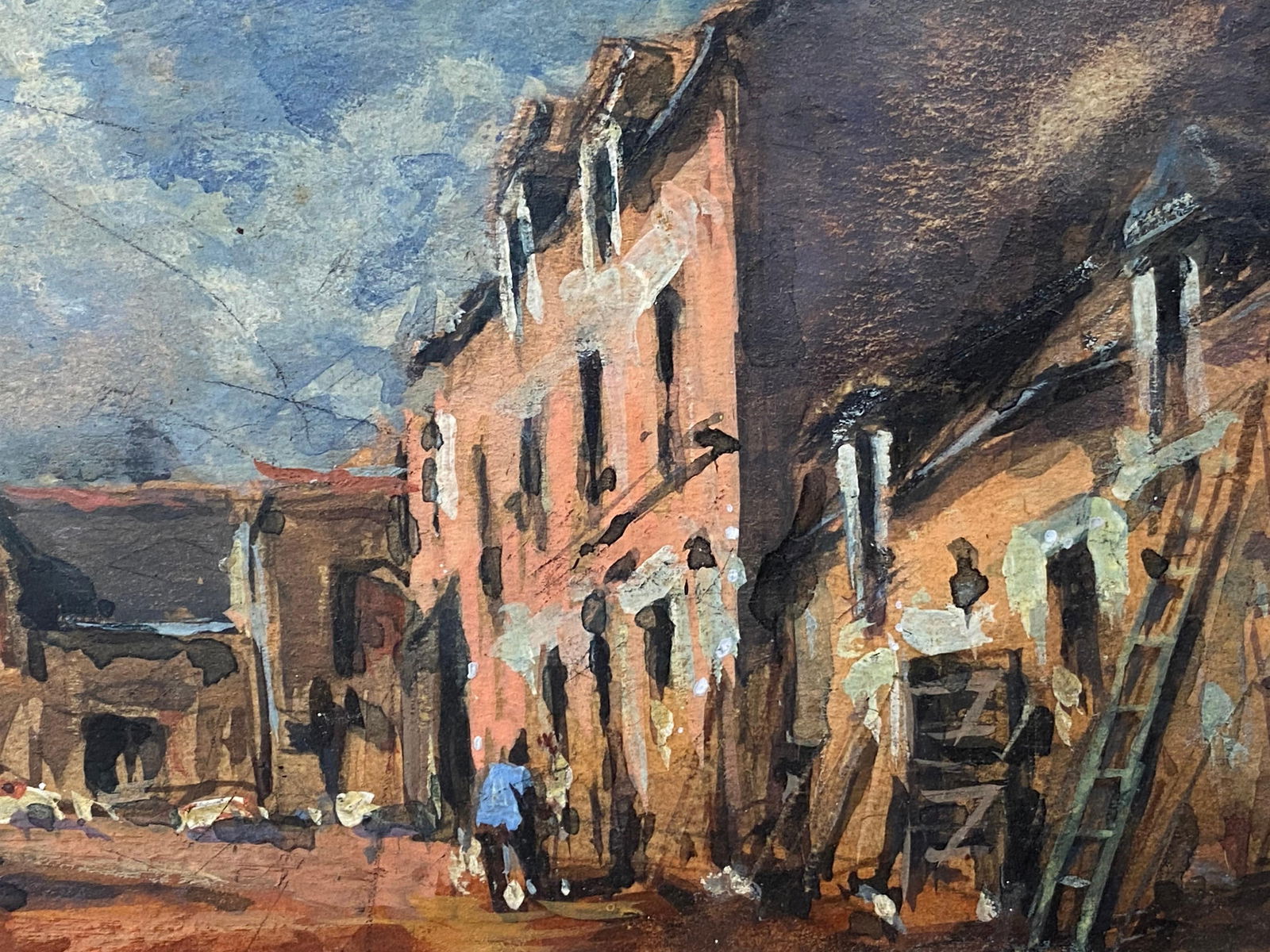 French Impressionist En Plein Air Oil Painting - Village Scene with Figures, 20th Century - 4