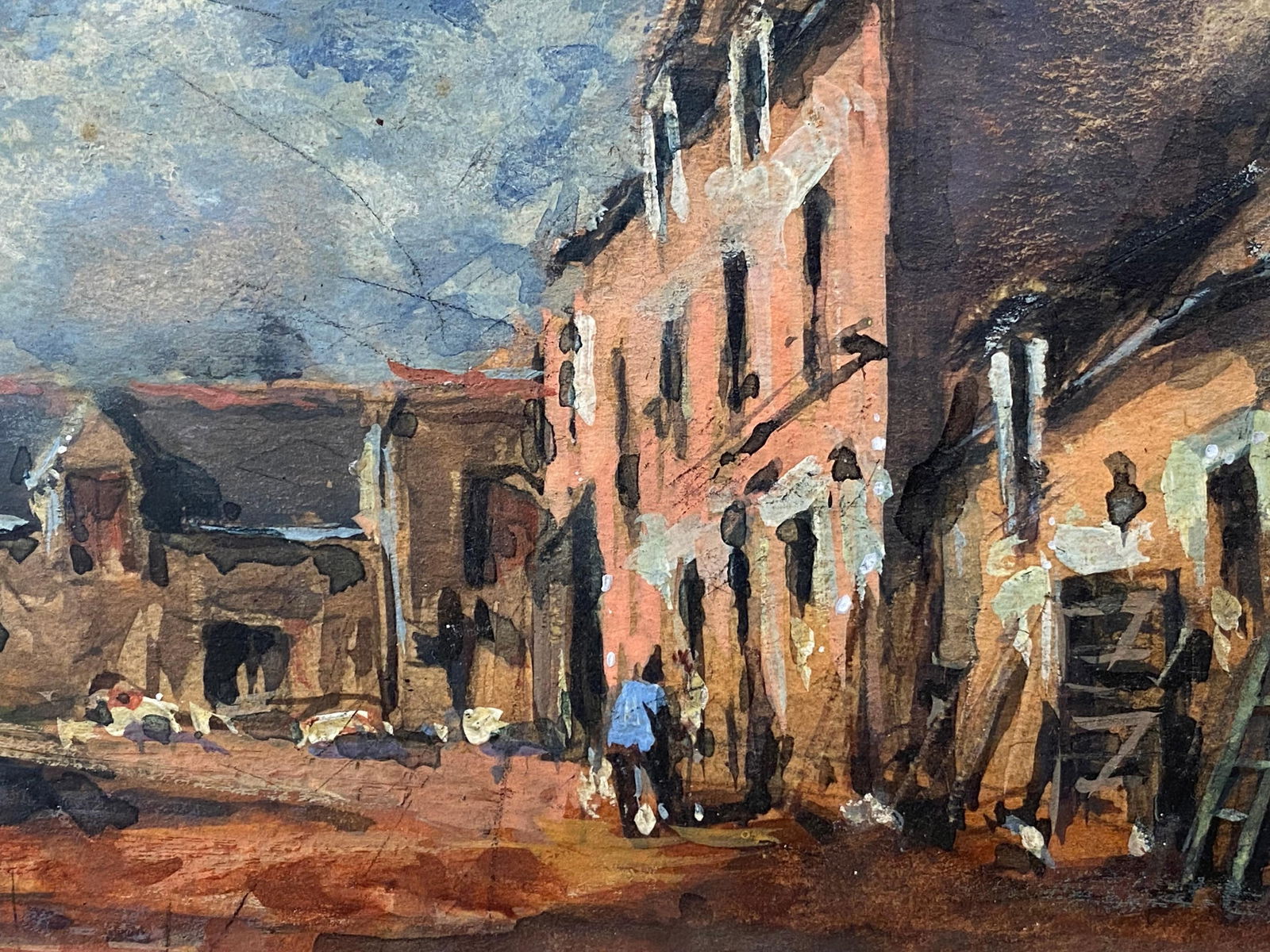 French Impressionist En Plein Air Oil Painting - Village Scene with Figures, 20th Century - 5