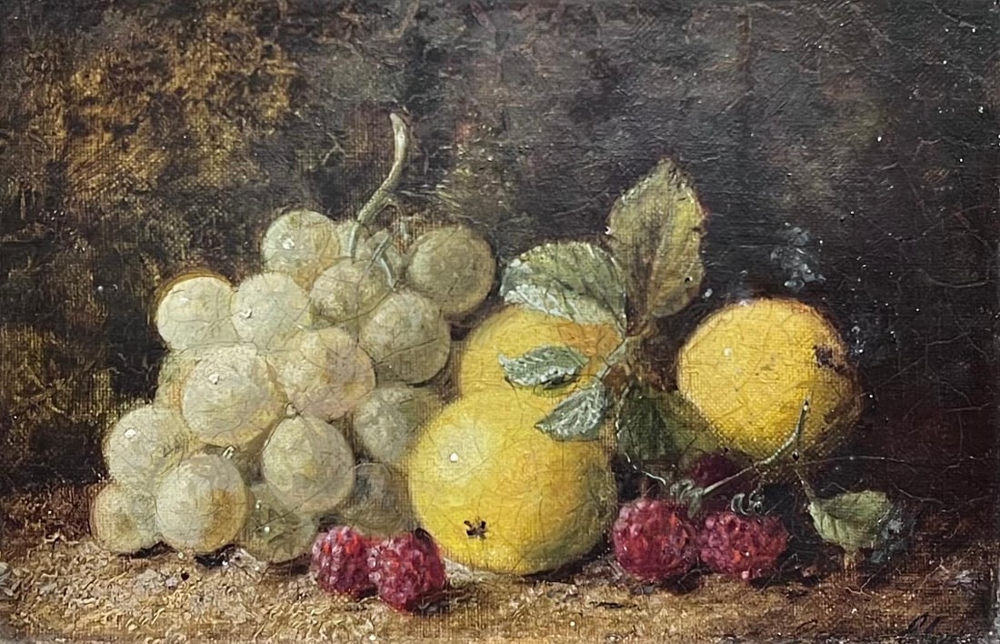 Oliver Clare; Fine Victorian English Fruit Still Life Grape, Lemons & Raspberries Oil Painting - 11