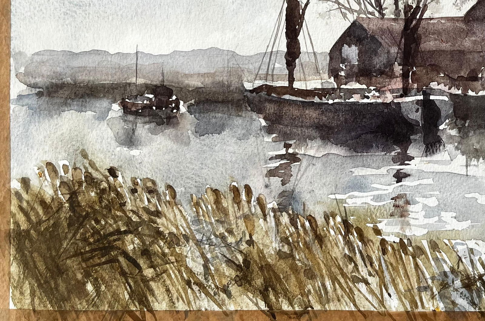 Anthony Herbert; Original Watercolour Riverside Boatyard with Reflections and Winter Trees, 1993 - 8