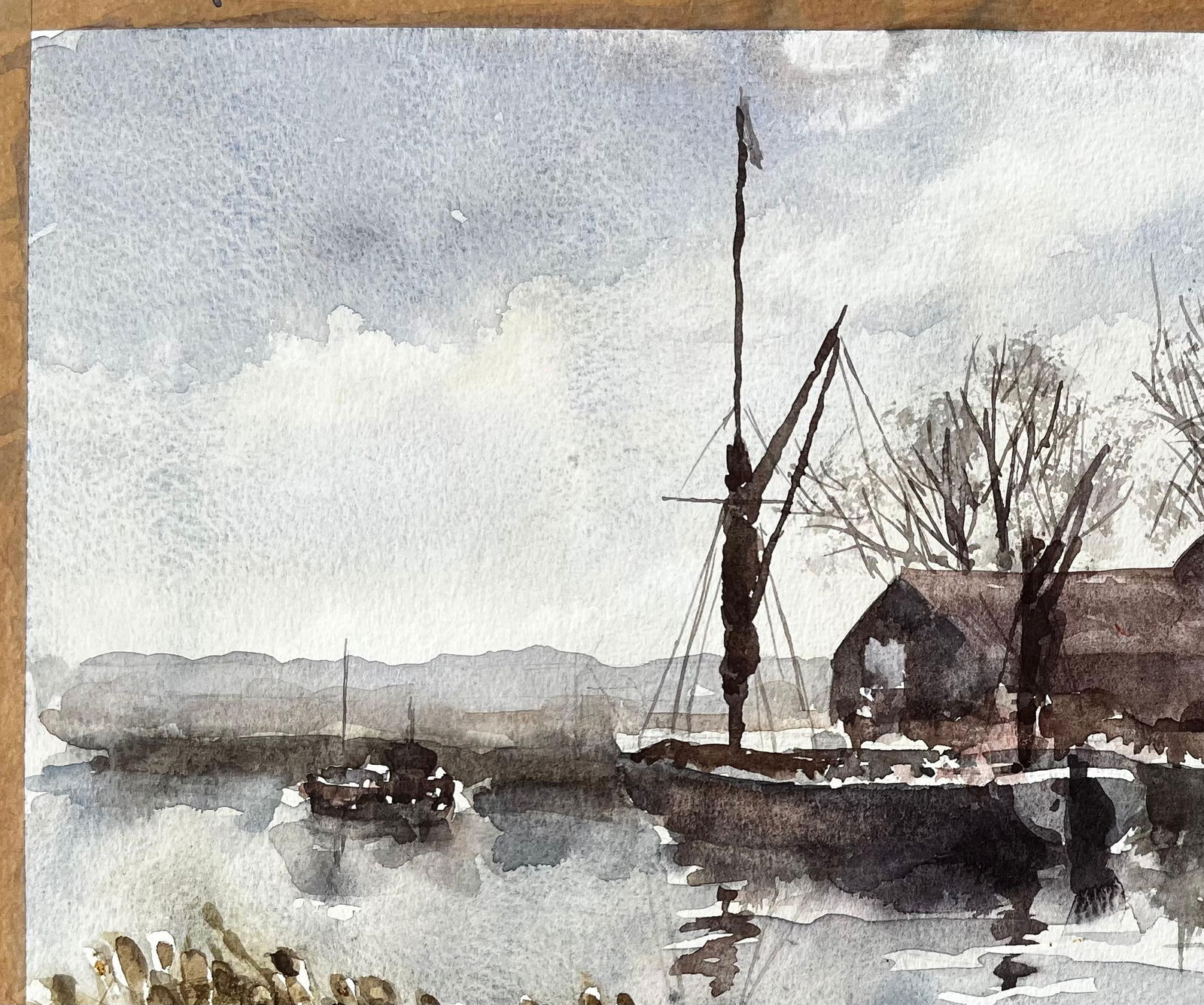 Anthony Herbert; Original Watercolour Riverside Boatyard with Reflections and Winter Trees, 1993 - 9