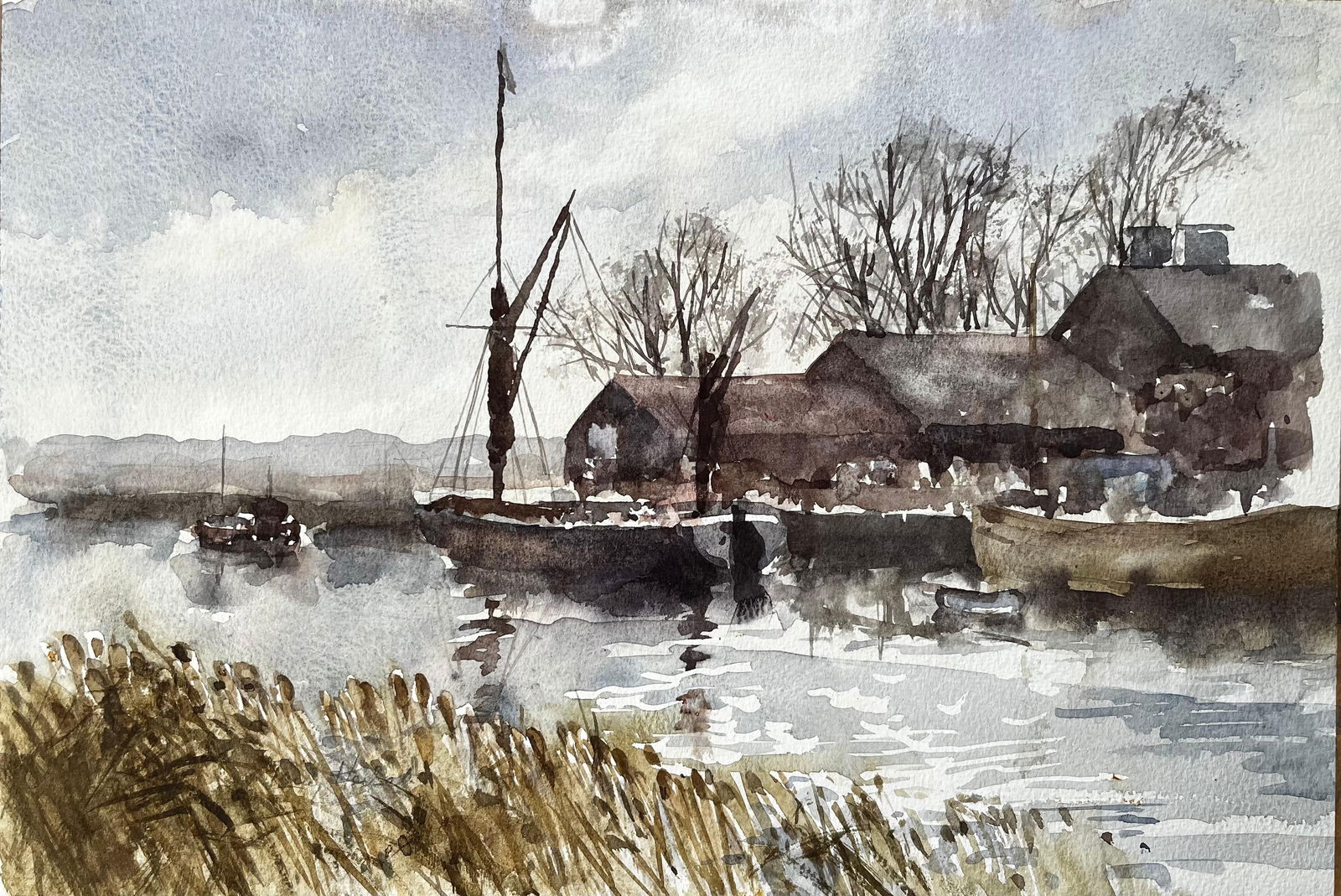 Anthony Herbert; Original Watercolour Riverside Boatyard with Reflections and Winter Trees, 1993 (1 of 11)