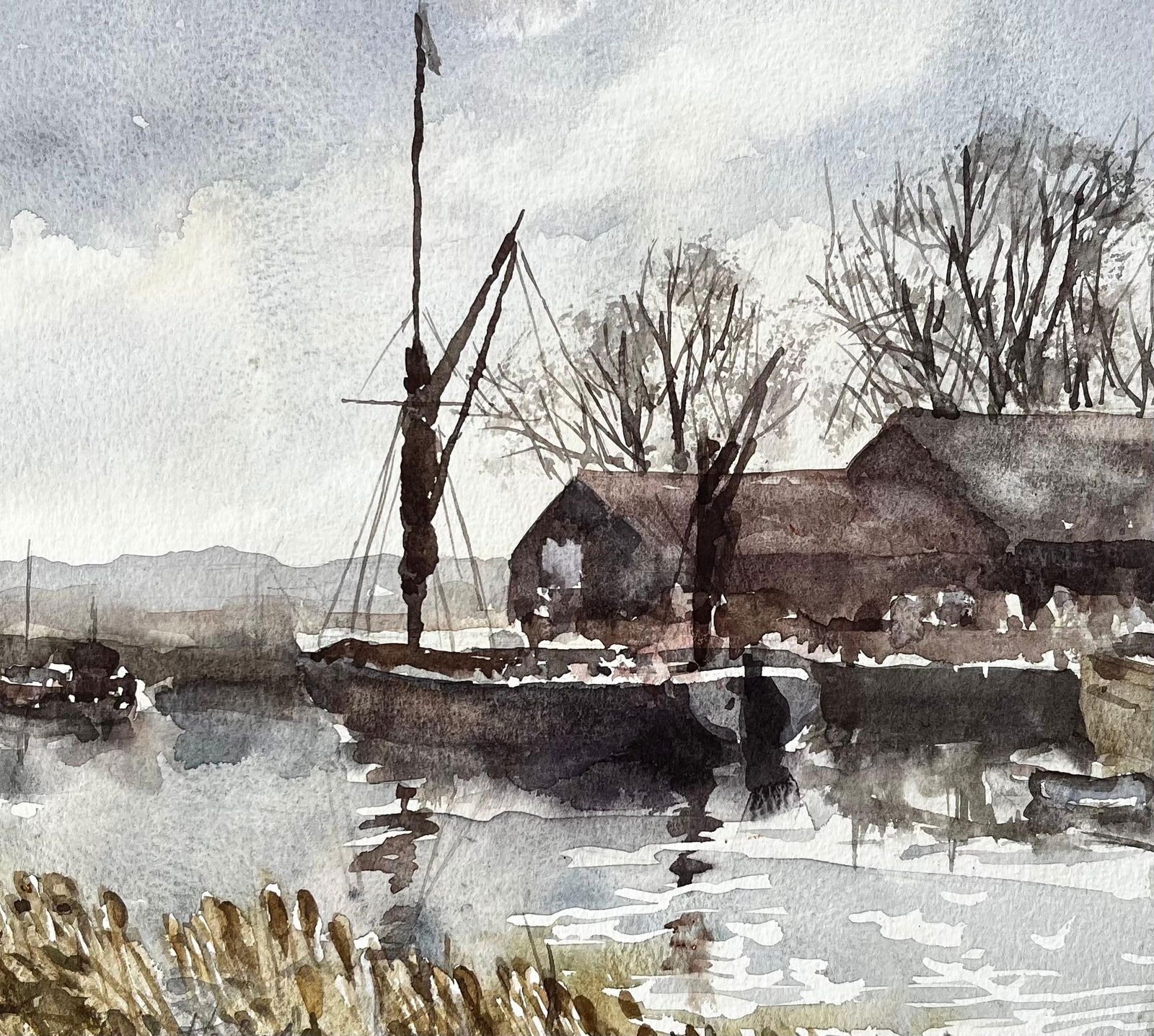 Anthony Herbert; Original Watercolour Riverside Boatyard with Reflections and Winter Trees, 1993 - 2