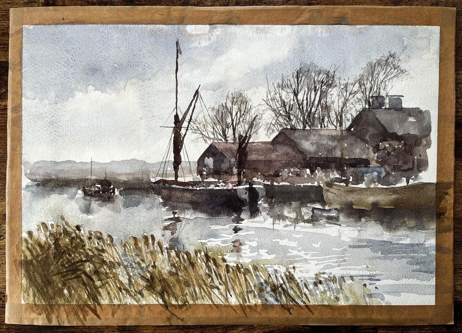 Anthony Herbert; Original Watercolour Riverside Boatyard with Reflections and Winter Trees, 1993 - 5