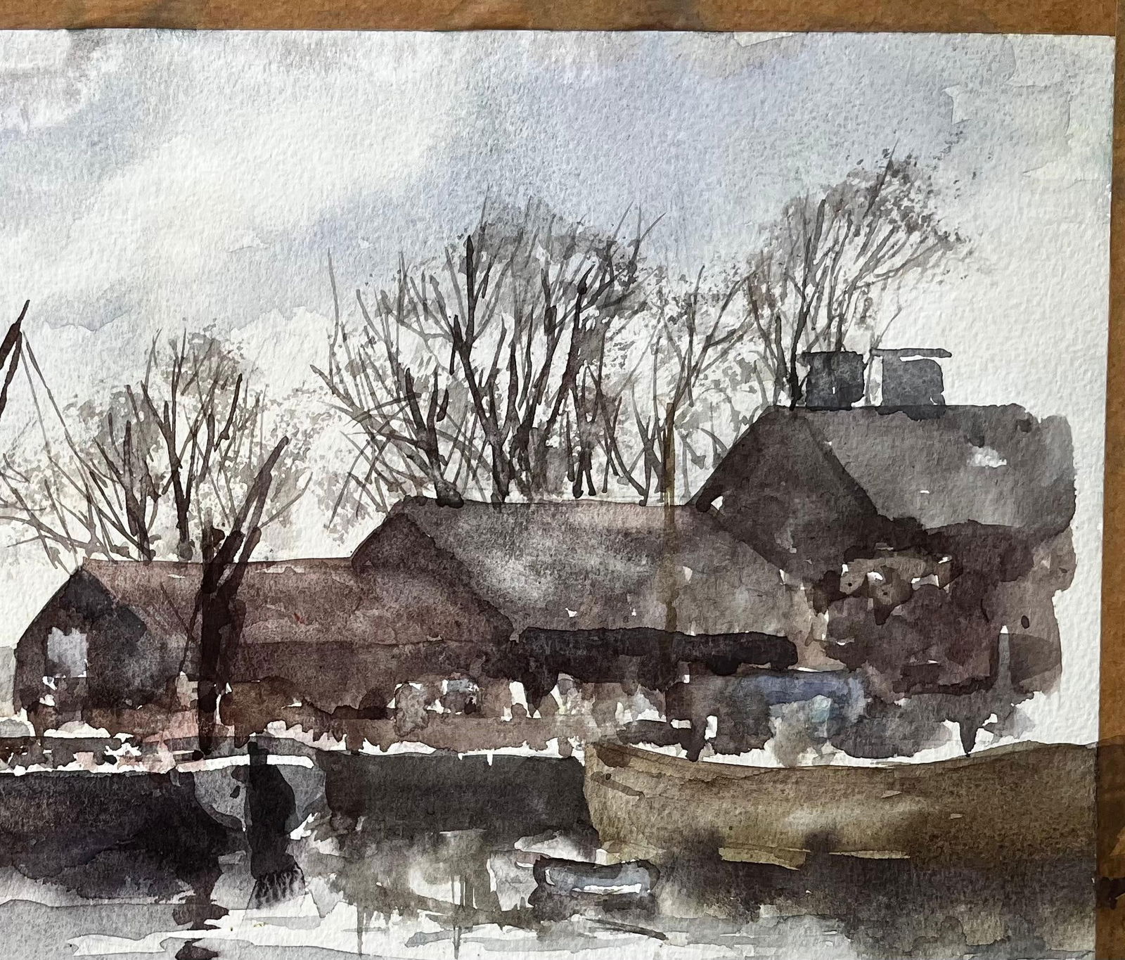 Anthony Herbert; Original Watercolour Riverside Boatyard with Reflections and Winter Trees, 1993 - 6