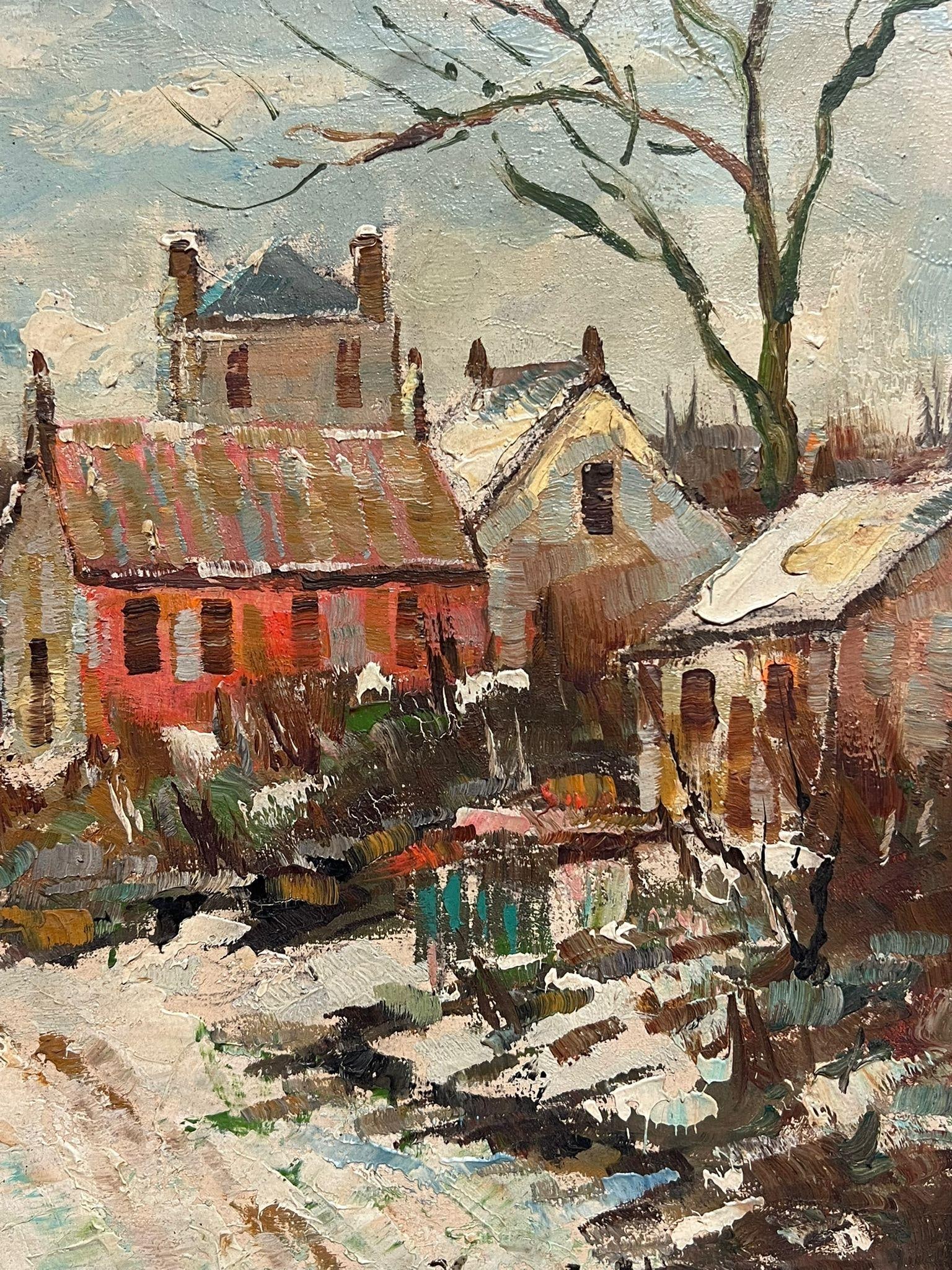 Henri Stenn; French Impressionist Signed Oil Winter Village Scene Snow-Covered Landscape - 7