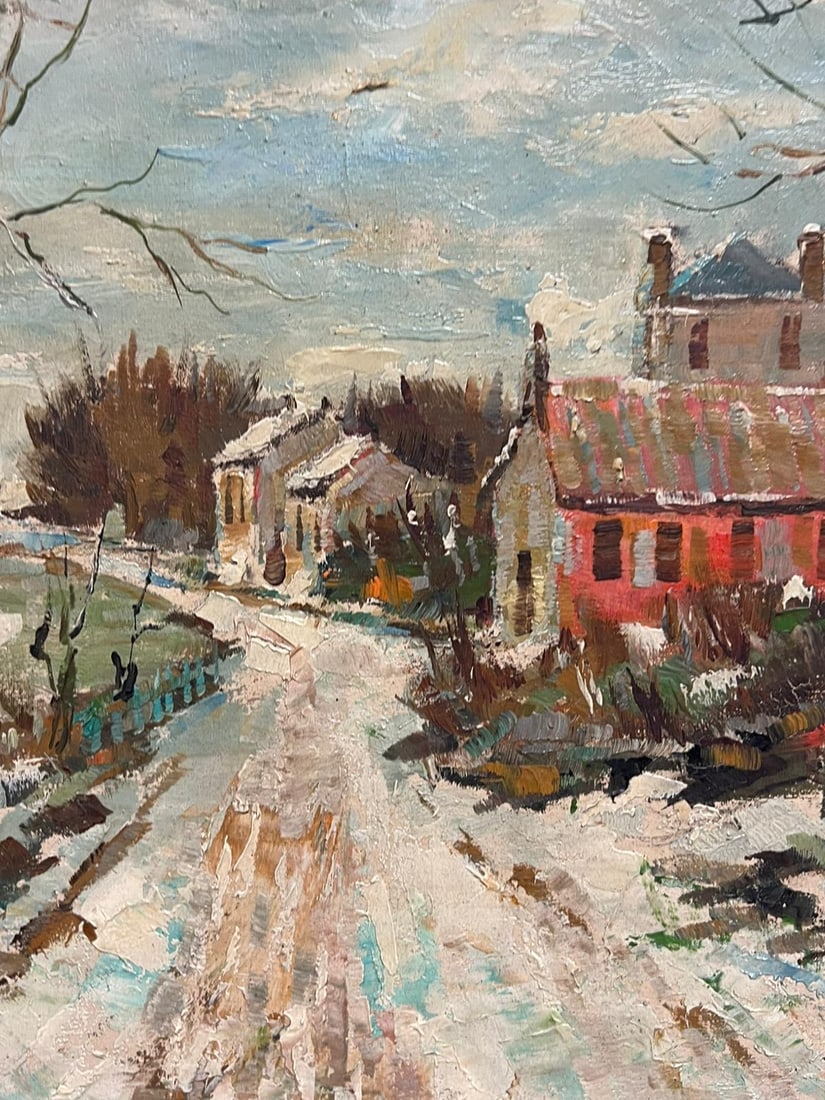 Henri Stenn; French Impressionist Signed Oil Winter Village Scene Snow-Covered Landscape - 8