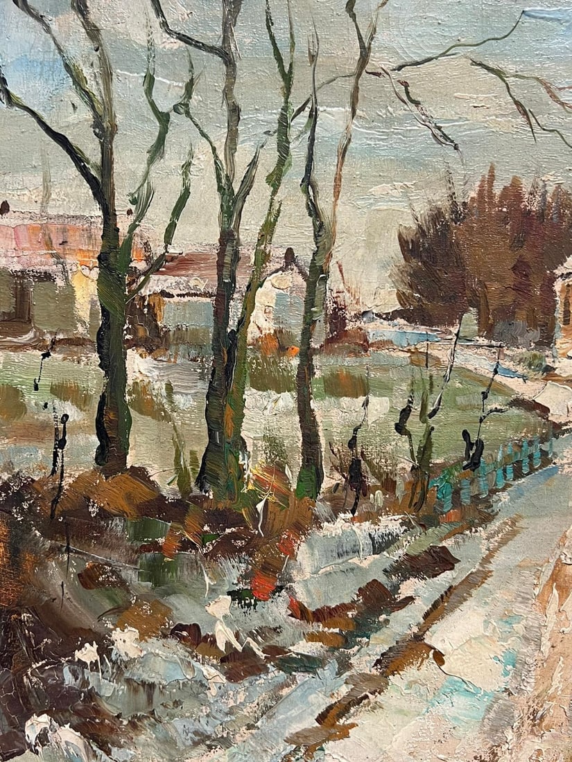 Henri Stenn; French Impressionist Signed Oil Winter Village Scene Snow-Covered Landscape - 10