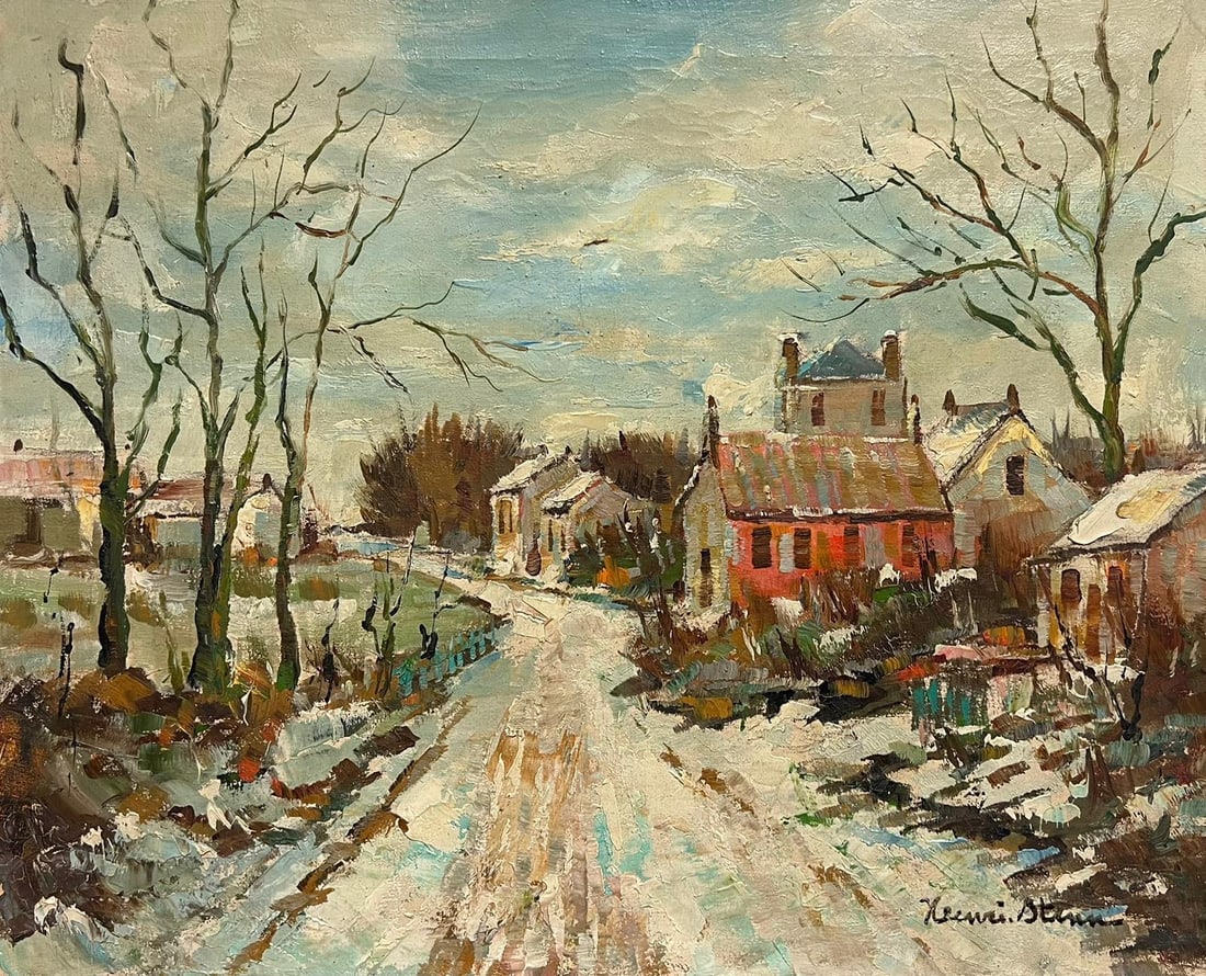 Henri Stenn; French Impressionist Signed Oil Winter Village Scene Snow-Covered Landscape (1 of 12)