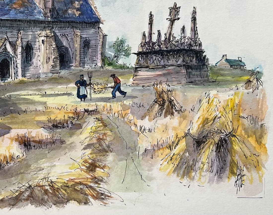Robert Lepine (1929 - 2017); French Watercolor of Brittany Chapel with Calvary and Thatched Cottage - 10