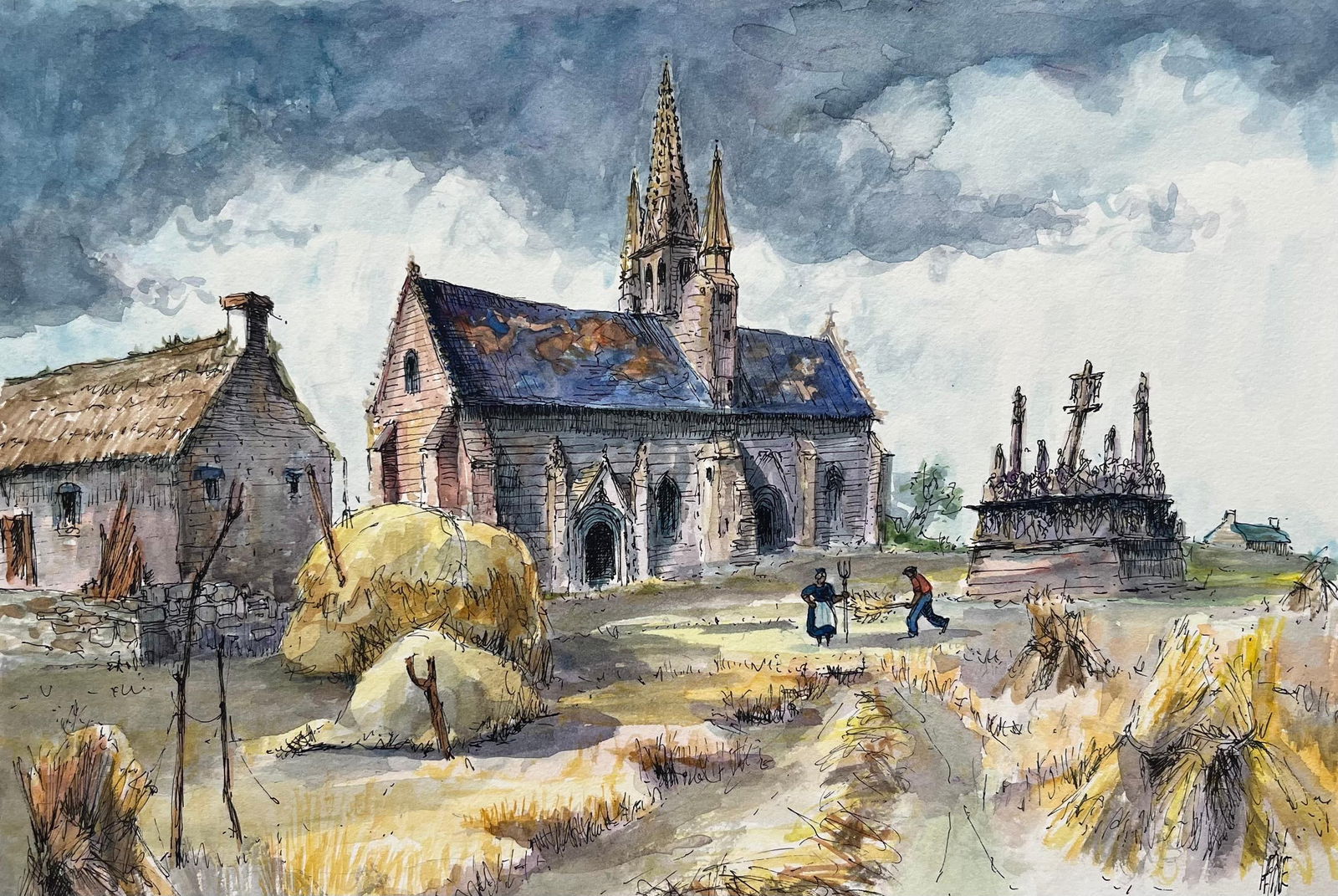 Robert Lepine (1929 - 2017); French Watercolor of Brittany Chapel with Calvary and Thatched Cottage - 15