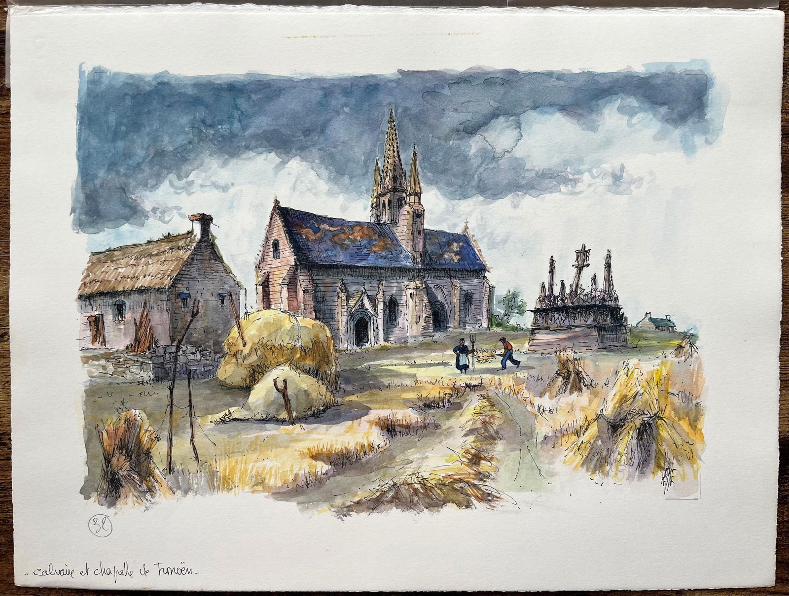 Robert Lepine (1929 - 2017); French Watercolor of Brittany Chapel with Calvary and Thatched Cottage - 16