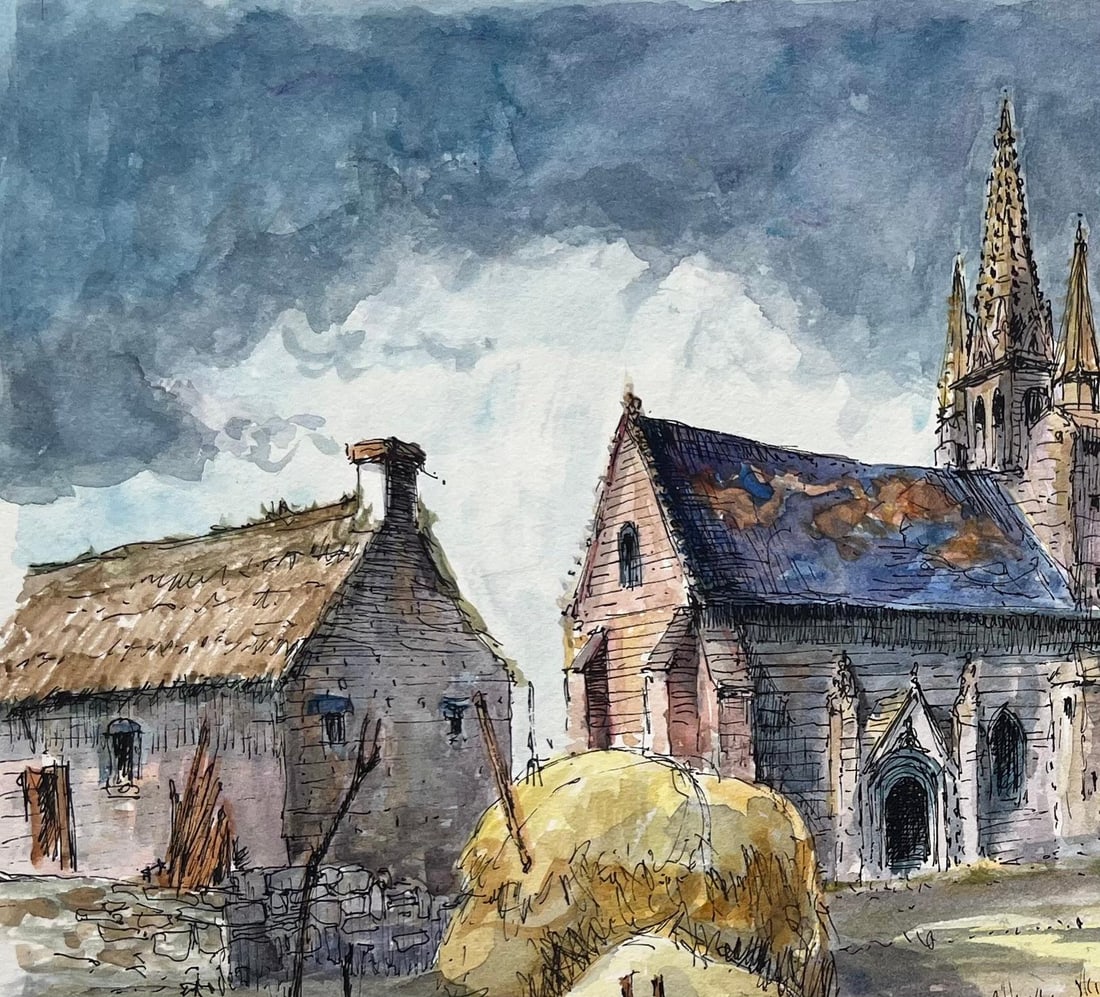 Robert Lepine (1929 - 2017); French Watercolor of Brittany Chapel with Calvary and Thatched Cottage - 17