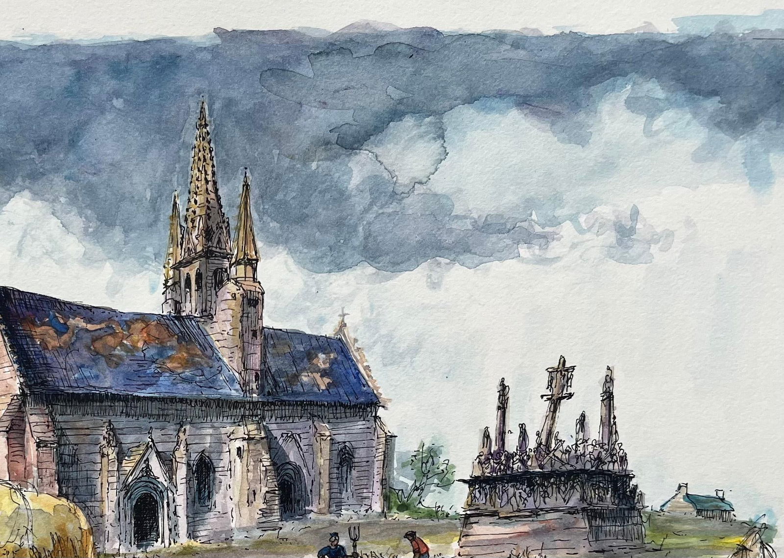 Robert Lepine (1929 - 2017); French Watercolor of Brittany Chapel with Calvary and Thatched Cottage - 3