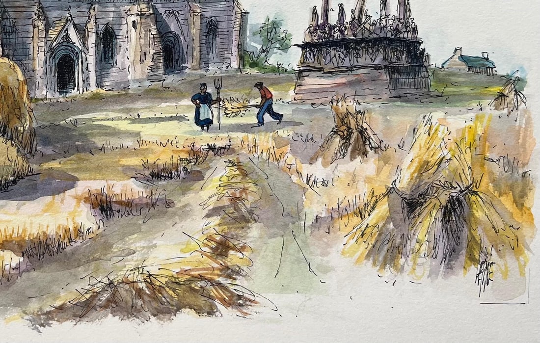 Robert Lepine (1929 - 2017); French Watercolor of Brittany Chapel with Calvary and Thatched Cottage - 4