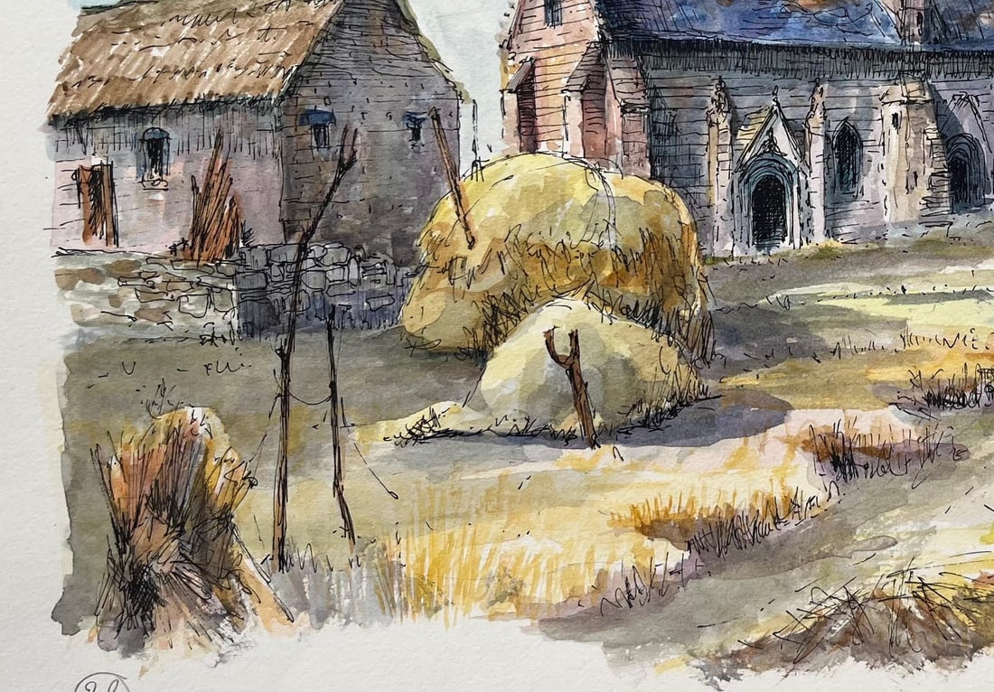 Robert Lepine (1929 - 2017); French Watercolor of Brittany Chapel with Calvary and Thatched Cottage - 5