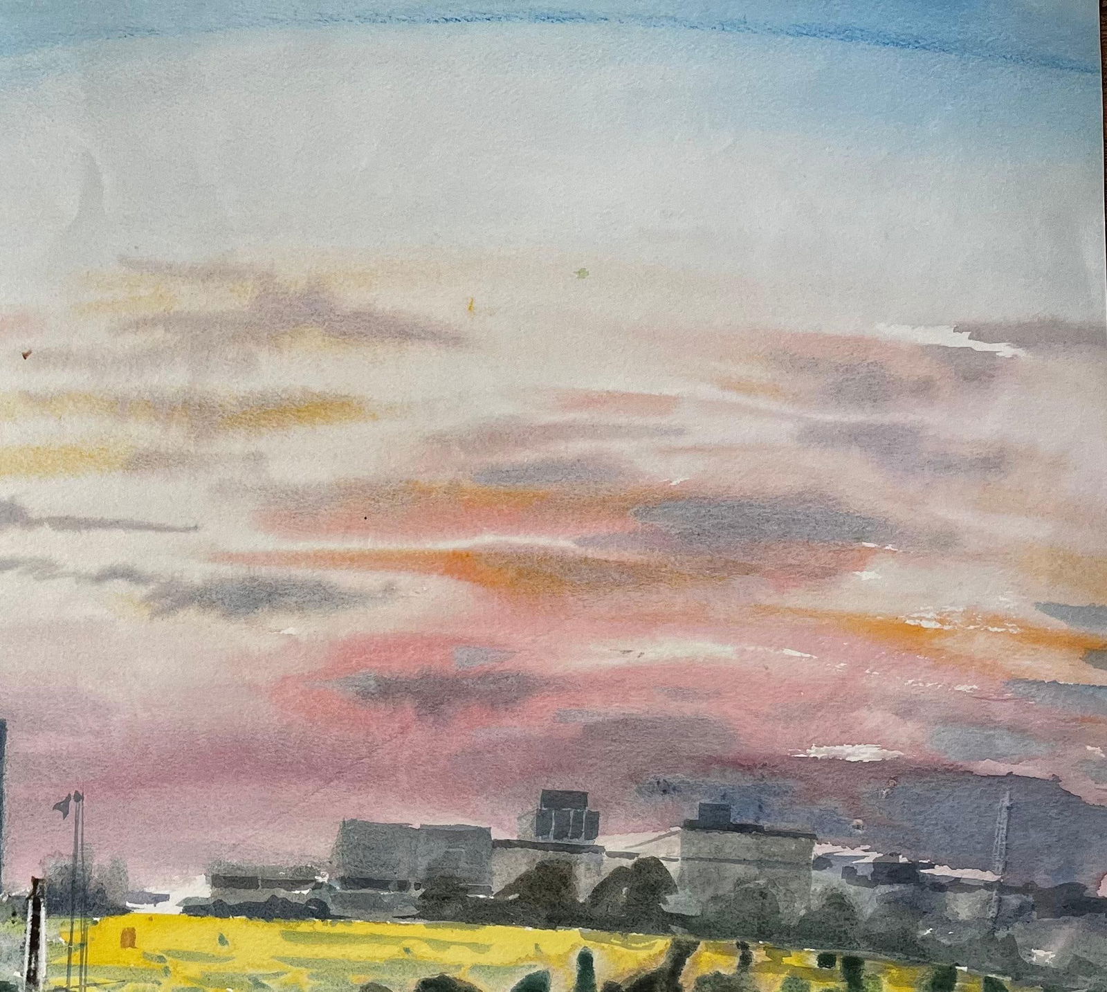 John Steane (b.1931); Sunset Over Suburban London with Tree Skyline and Yellow Fields 1996 - 9