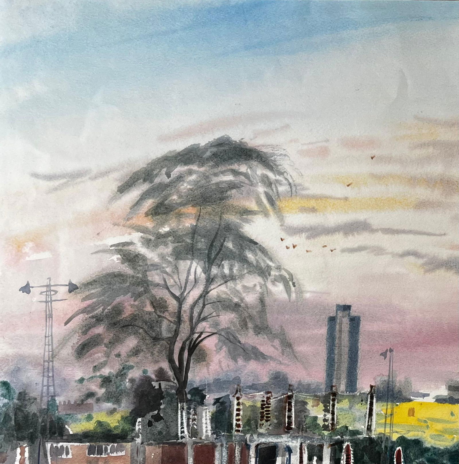 John Steane (b.1931); Sunset Over Suburban London with Tree Skyline and Yellow Fields 1996 - 10