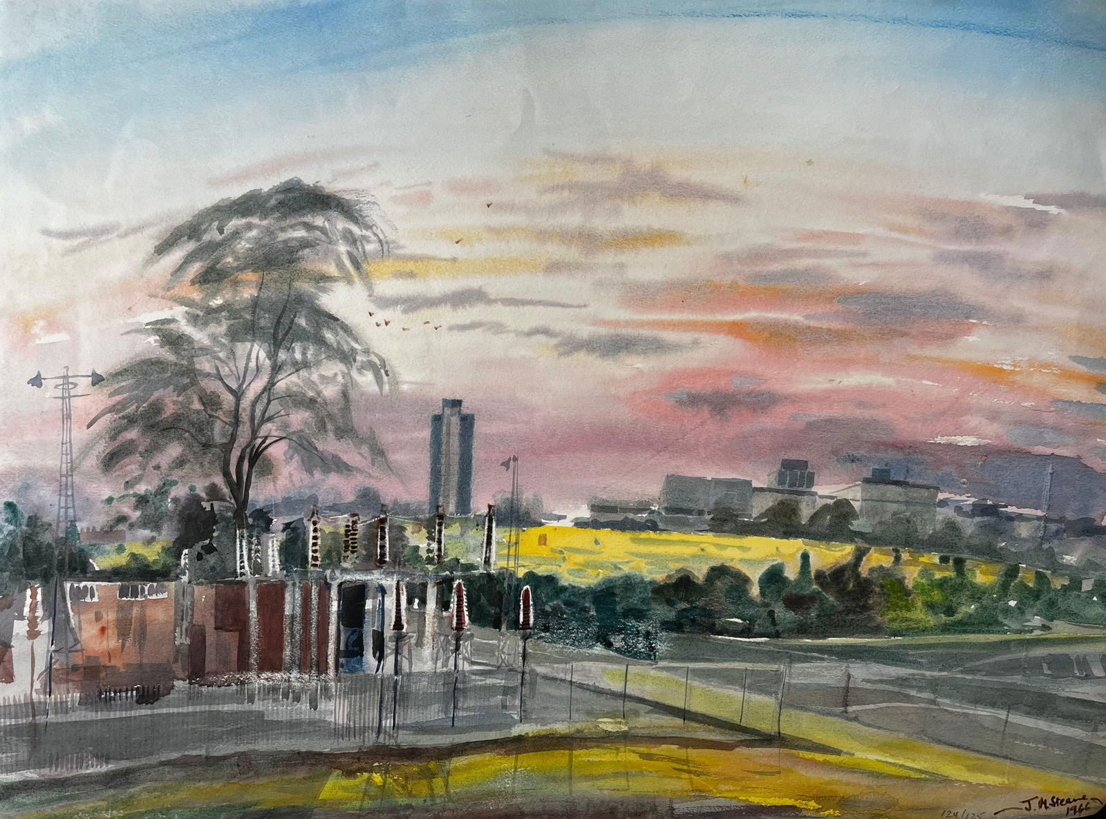 John Steane (b.1931); Sunset Over Suburban London with Tree Skyline and Yellow Fields 1996: Title: John Steane (b.1931); Sunset Over Suburban London with Tree Skyline and Yellow Fields 1996 Watercolour, 1996 Description: Blue Sky Riverbend signed by Jean Fourie (1927-2015) French artist,