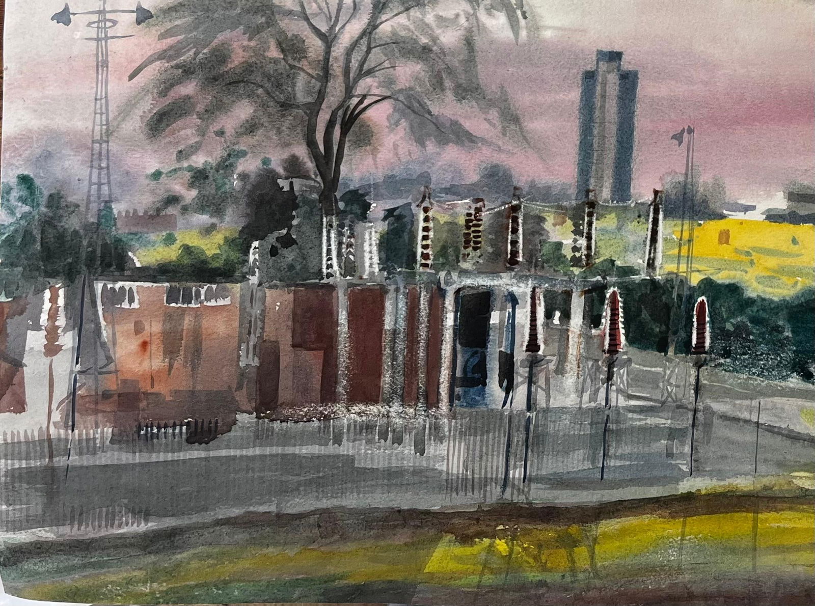 John Steane (b.1931); Sunset Over Suburban London with Tree Skyline and Yellow Fields 1996 - 6