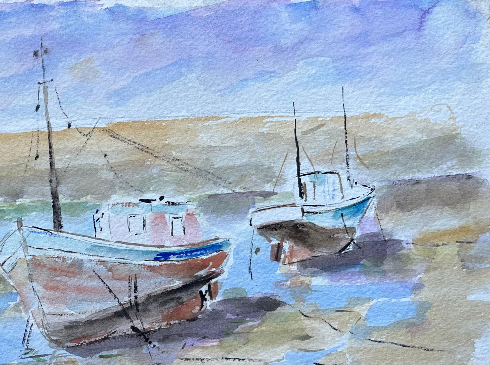 Fanch Lel; French Watercolour of Beached Fishing Boats in Brittany by Fanch Lel, 1994 - 11