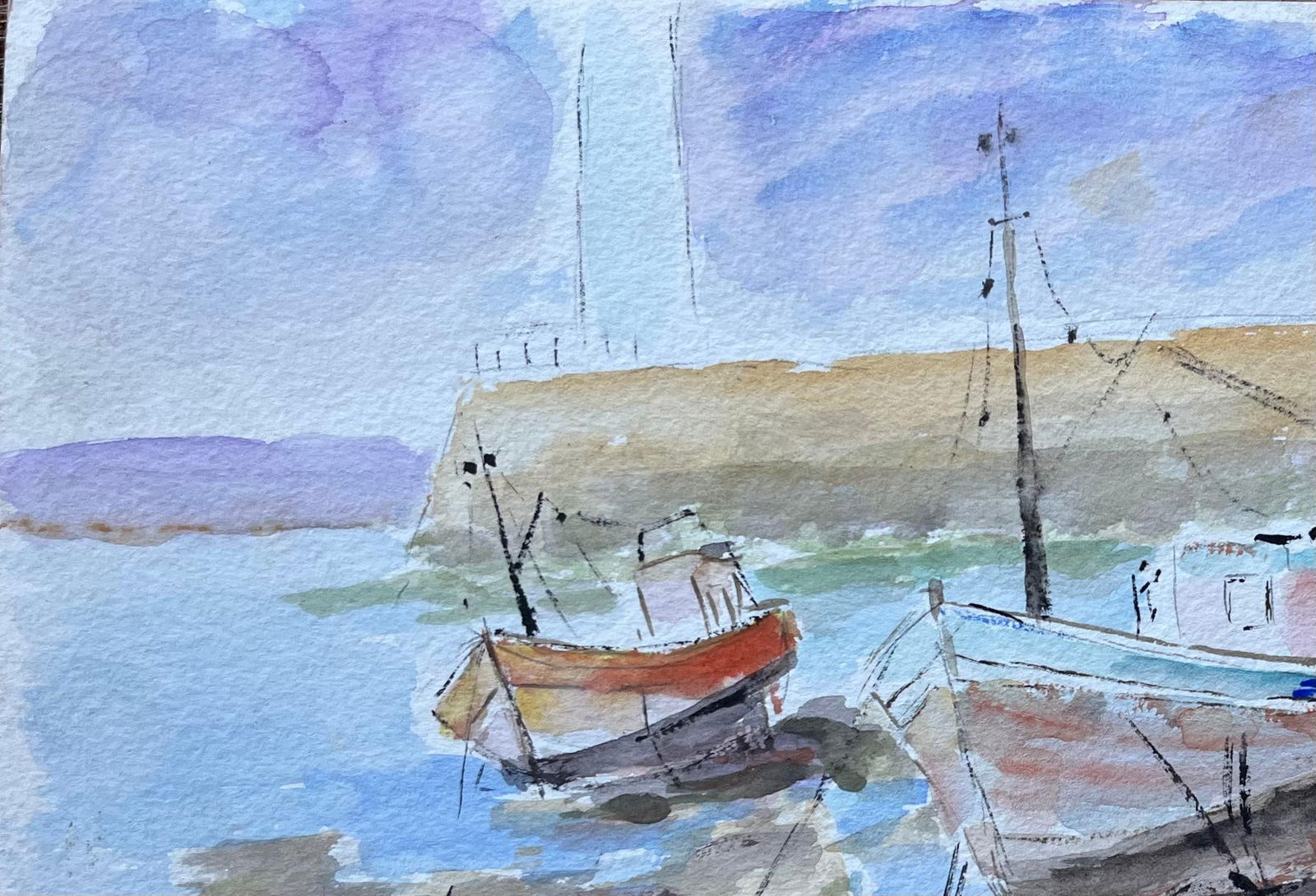 Fanch Lel; French Watercolour of Beached Fishing Boats in Brittany by Fanch Lel, 1994 - 17