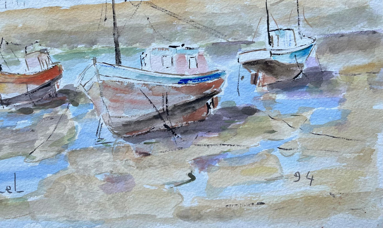 Fanch Lel; French Watercolour of Beached Fishing Boats in Brittany by Fanch Lel, 1994 - 4
