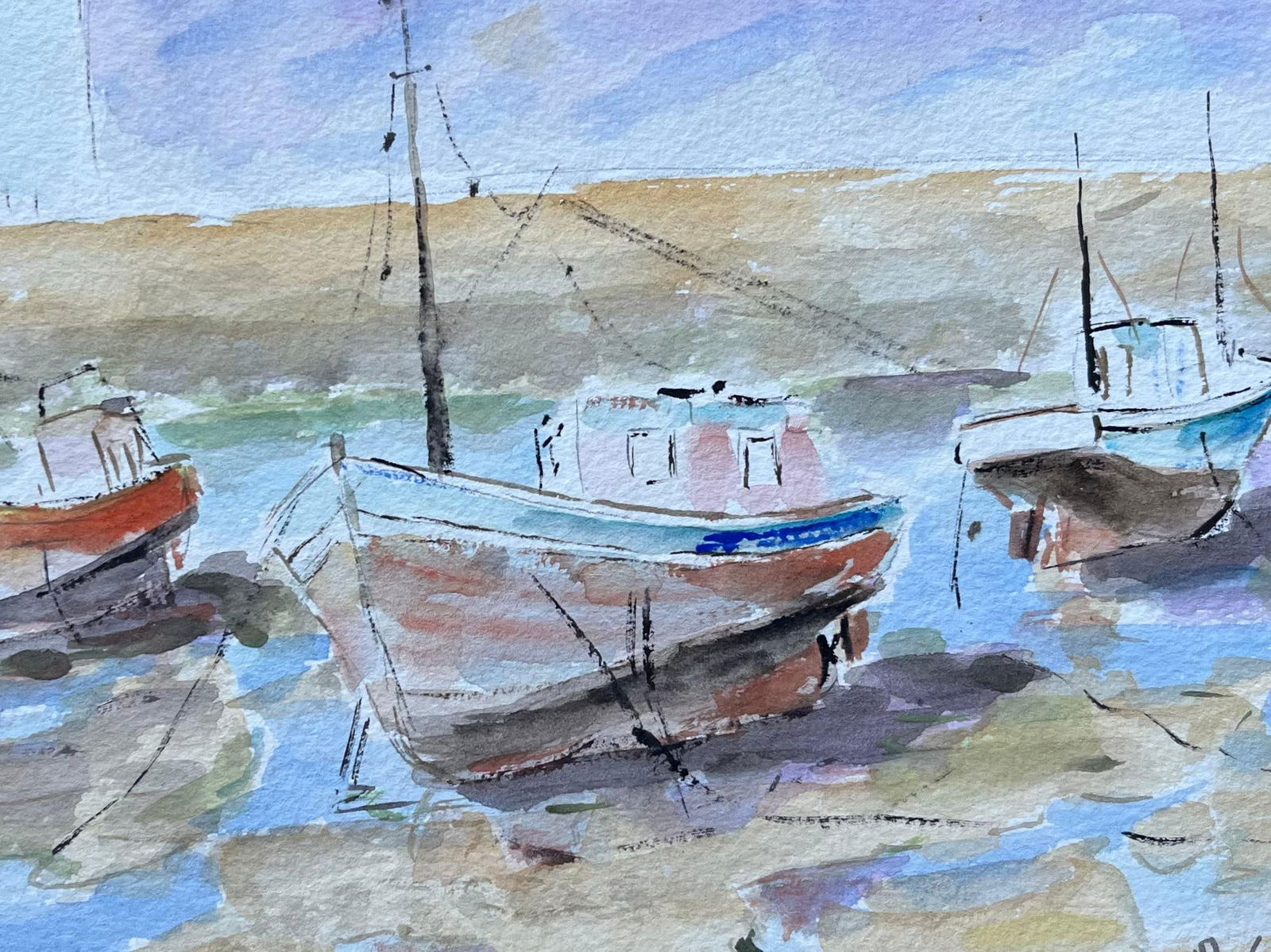 Fanch Lel; French Watercolour of Beached Fishing Boats in Brittany by Fanch Lel, 1994 - 5