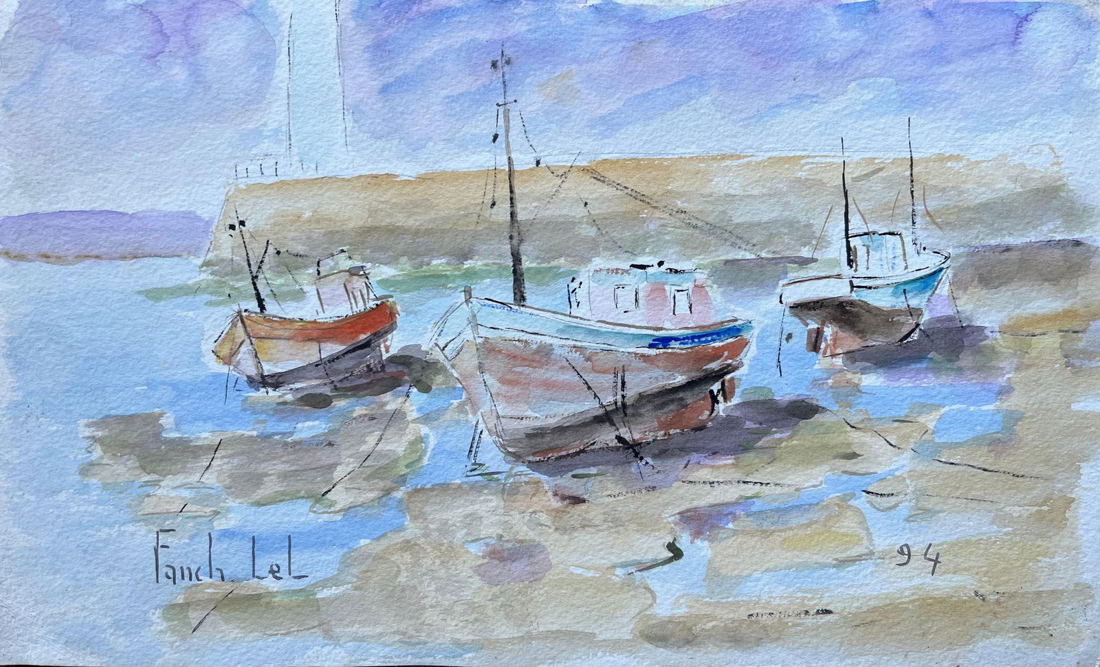 Fanch Lel; French Watercolour of Beached Fishing Boats in Brittany by Fanch Lel, 1994 - 7