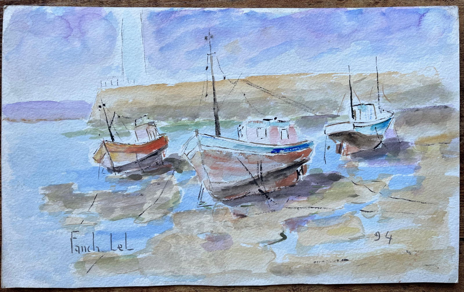 Fanch Lel; French Watercolour of Beached Fishing Boats in Brittany by Fanch Lel, 1994 - 8