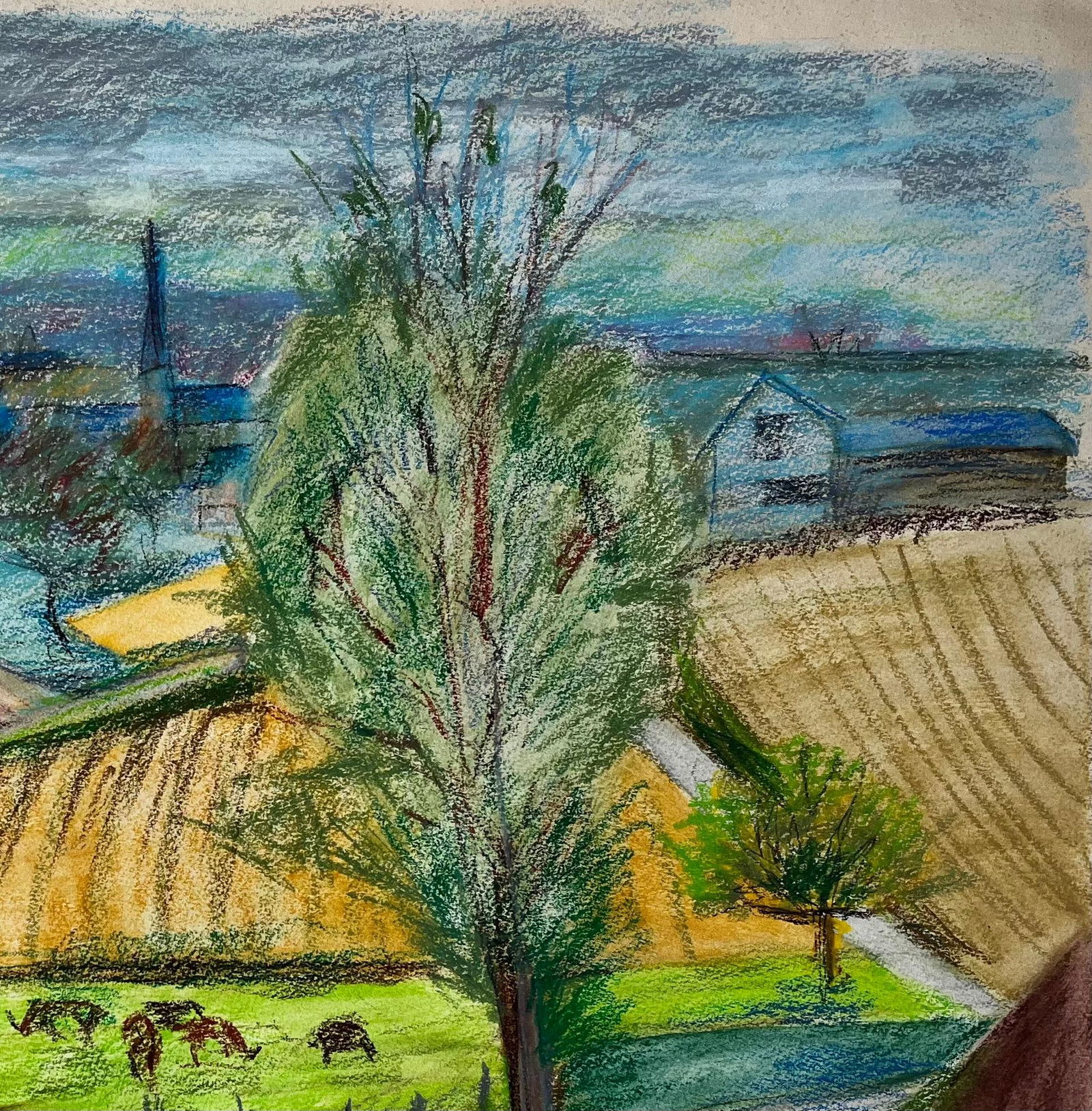 Guy Nicod; French Countryside Landscape with Cows Fields and Village Church Spires Drawing - 7