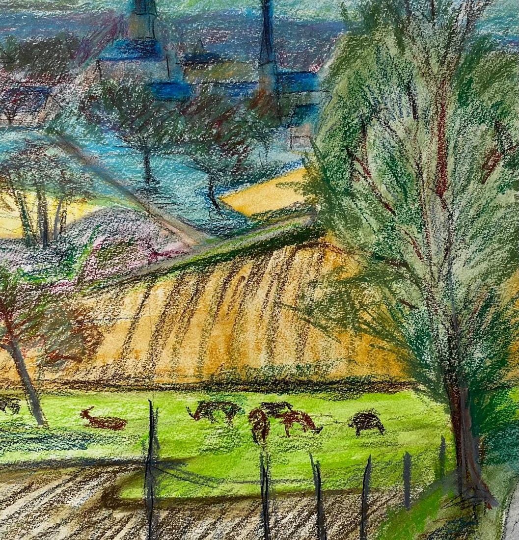 Guy Nicod; French Countryside Landscape with Cows Fields and Village Church Spires Drawing - 2