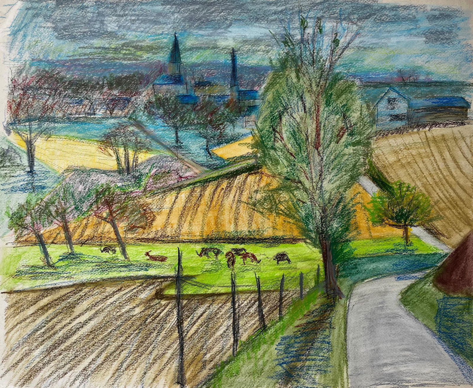 Guy Nicod; French Countryside Landscape with Cows Fields and Village Church Spires Drawing - 4