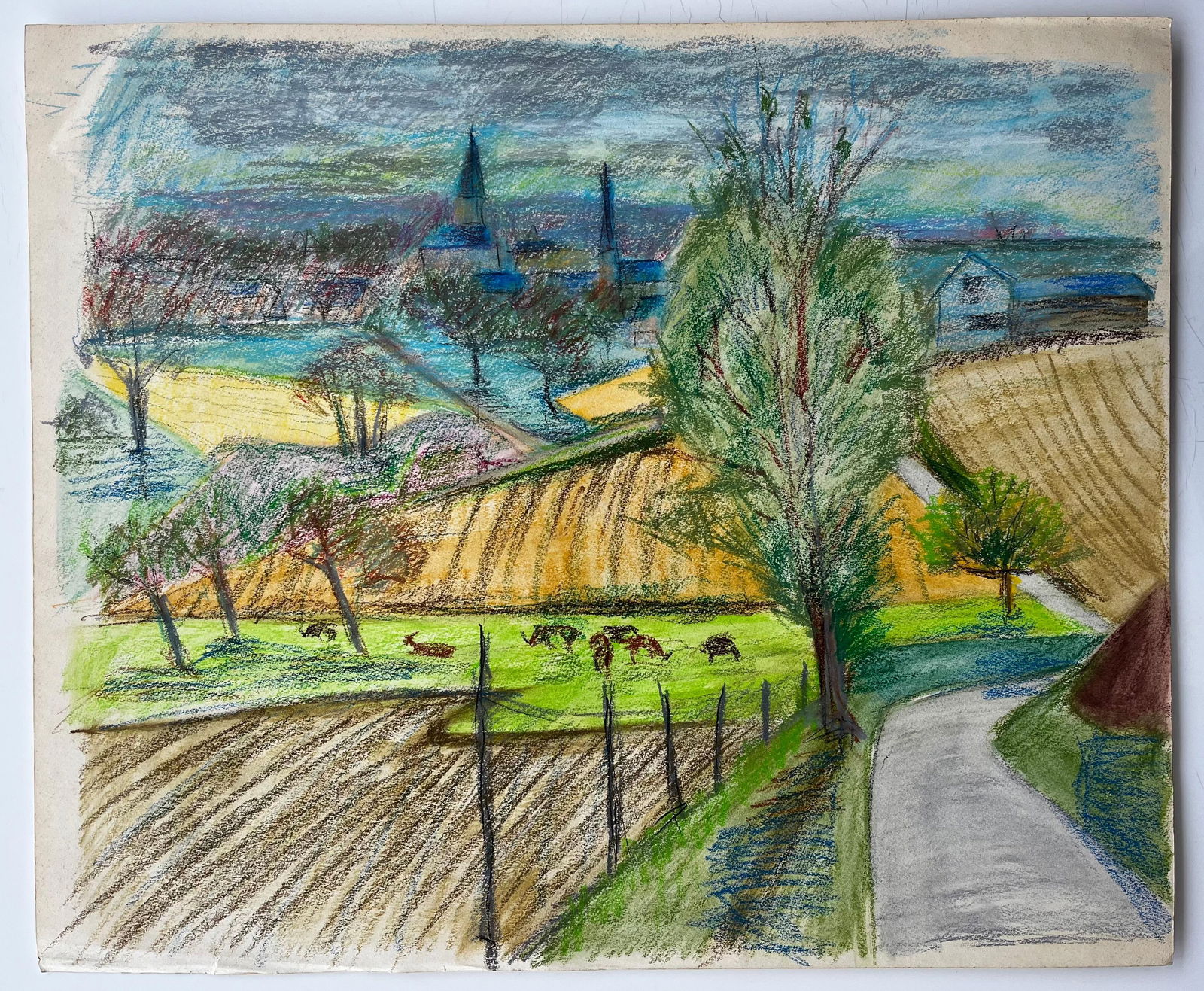 Guy Nicod; French Countryside Landscape with Cows Fields and Village Church Spires Drawing - 5