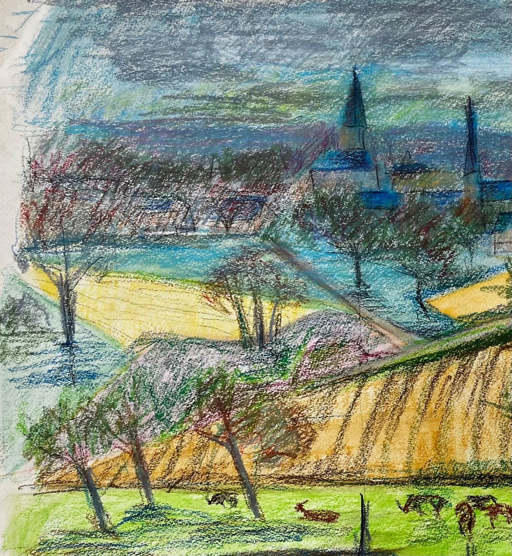 Guy Nicod; French Countryside Landscape with Cows Fields and Village Church Spires Drawing - 6
