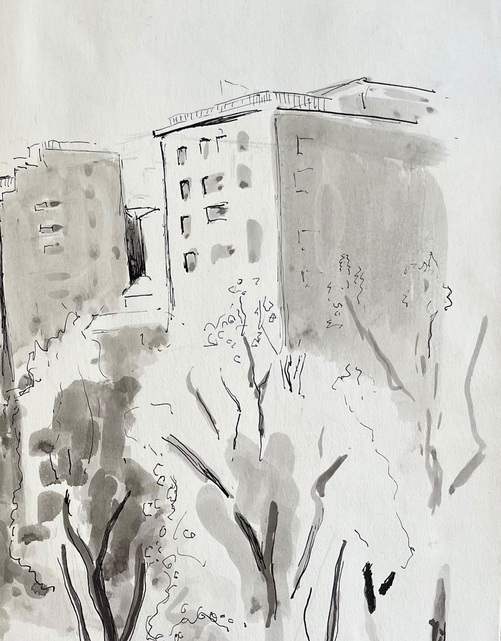 Anne Marie Migette Perard; Mid-20th Century Post-Impressionist Ink and Wash Cityscape with Palm Tree - 7