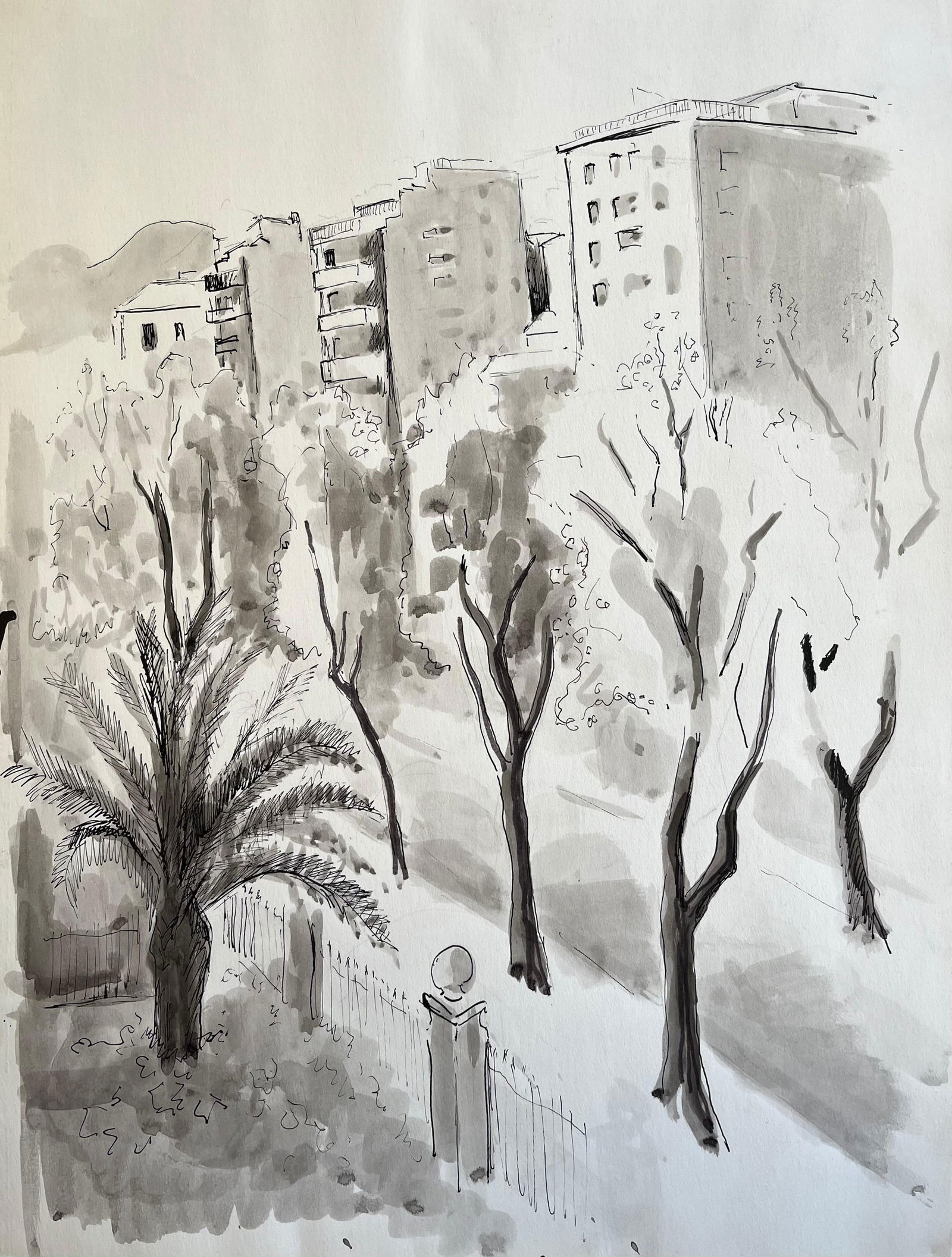 Anne Marie Migette Perard; Mid-20th Century Post-Impressionist Ink and Wash Cityscape with Palm Tree: Title: Anne Marie Migette Perard; Mid-20th Century Post-Impressionist Ink and Wash Cityscape with Palm Tree Description: Title: Mid 20th Century Post Impressionist Pastel Landscape of the Vosges Mount