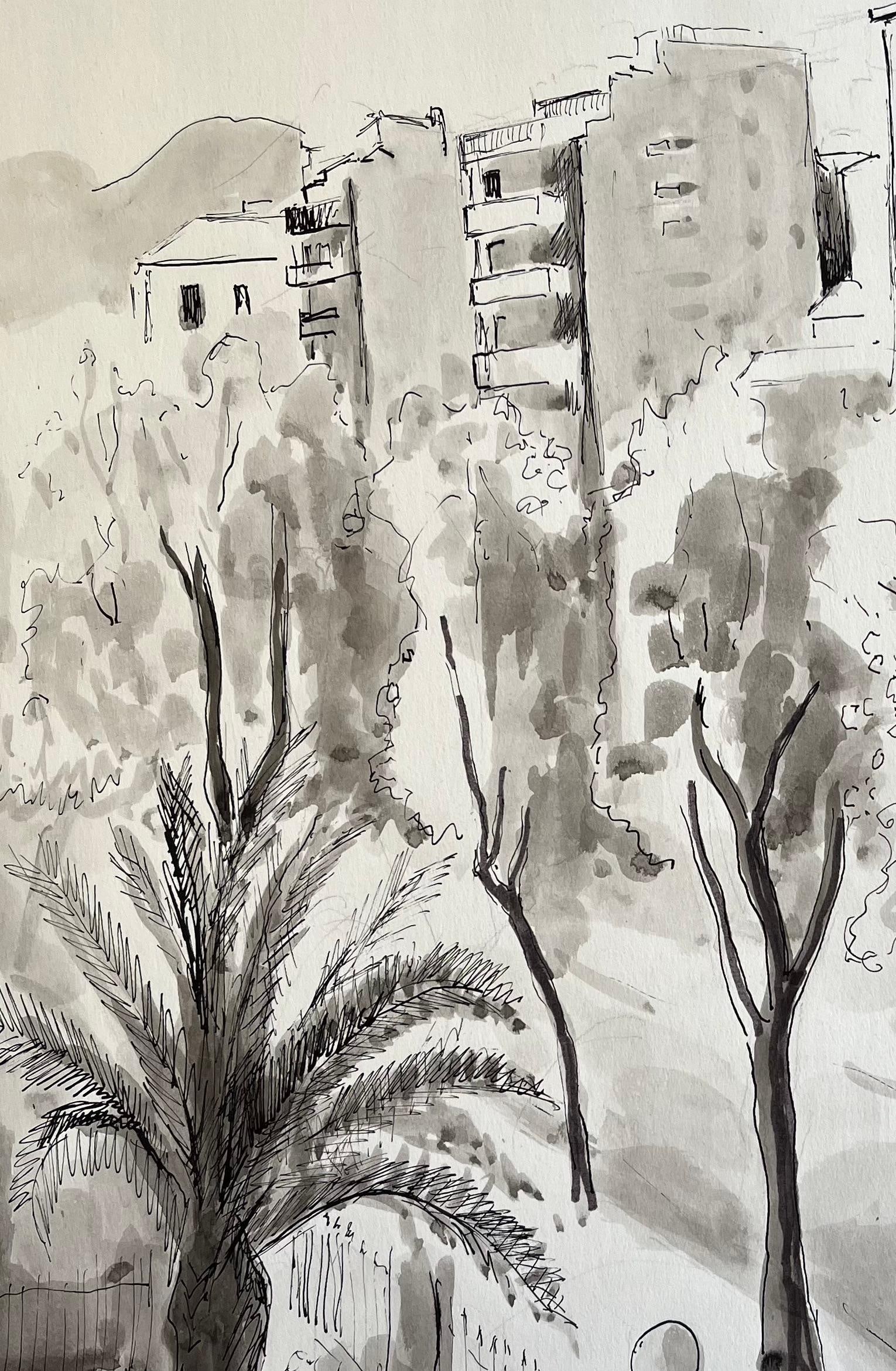 Anne Marie Migette Perard; Mid-20th Century Post-Impressionist Ink and Wash Cityscape with Palm Tree - 2