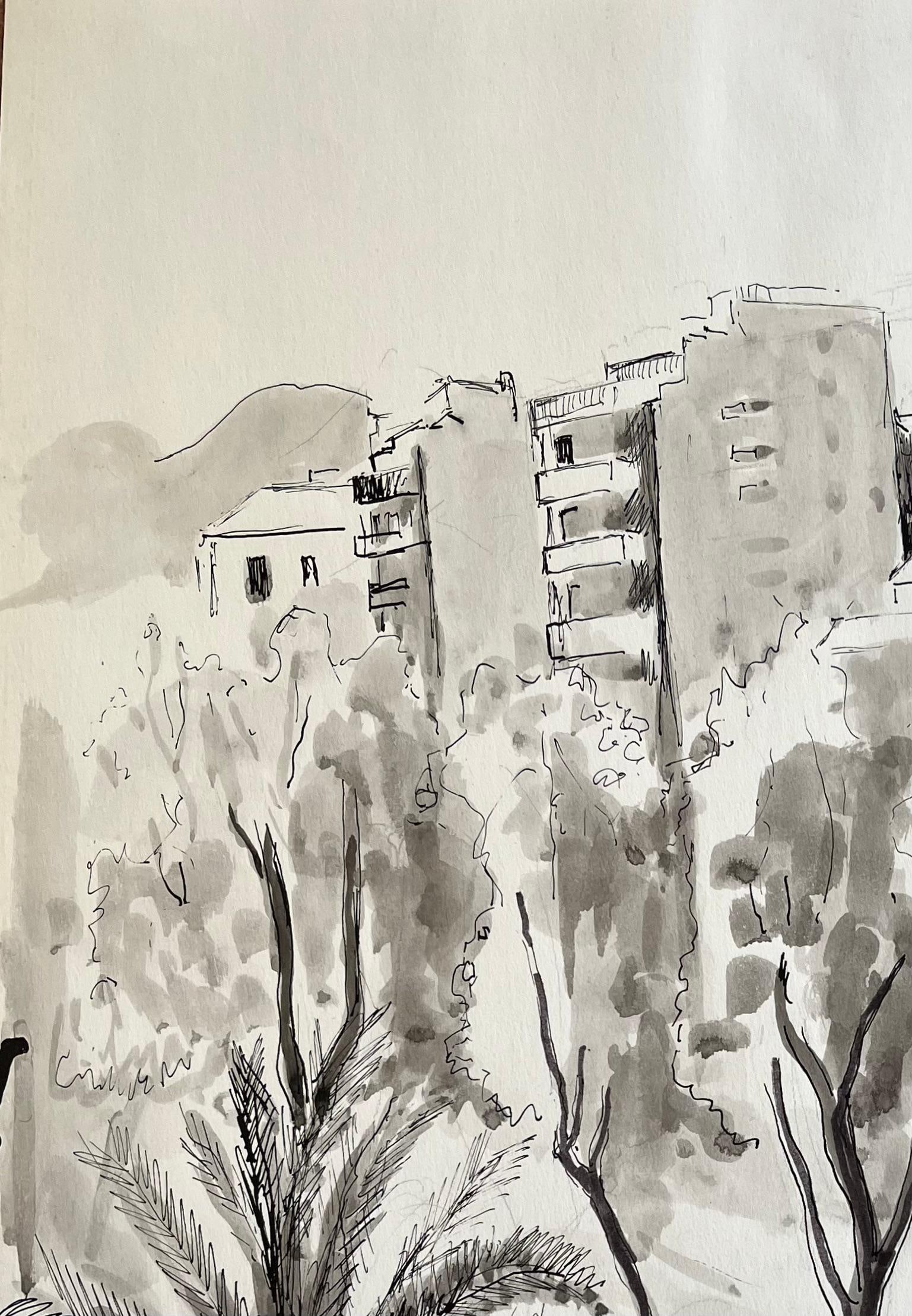 Anne Marie Migette Perard; Mid-20th Century Post-Impressionist Ink and Wash Cityscape with Palm Tree - 6