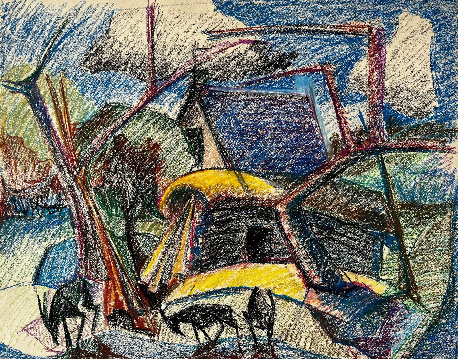 Guy Nicod; Modernist French Landscape with Cows Trees and Yellow and Blue Roofs - 4