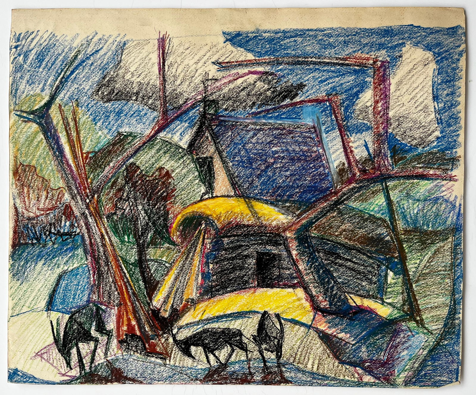 Guy Nicod; Modernist French Landscape with Cows Trees and Yellow and Blue Roofs - 5