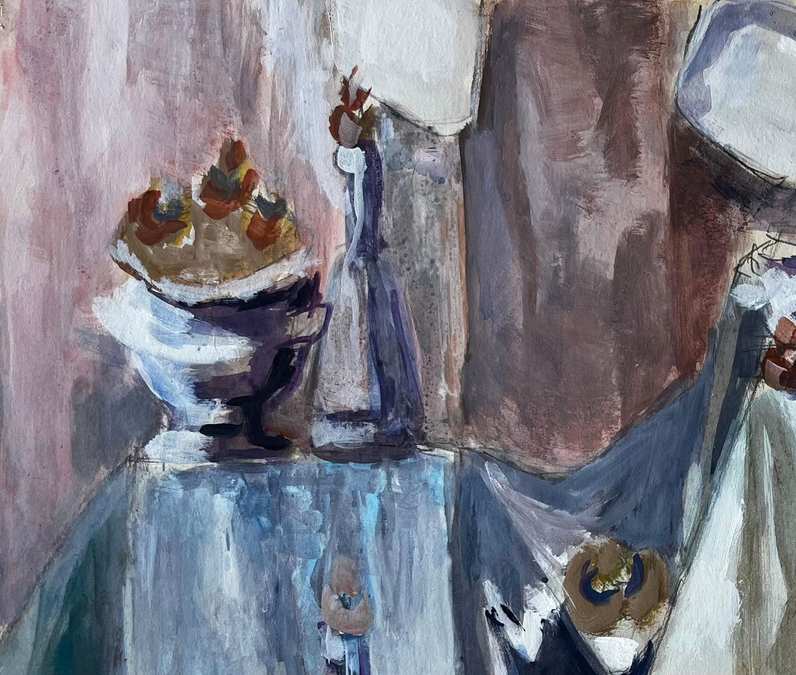 Guy Nicod; Modernist Still Life With Bowls Bottles And Fruit French Gouache Painting - 9