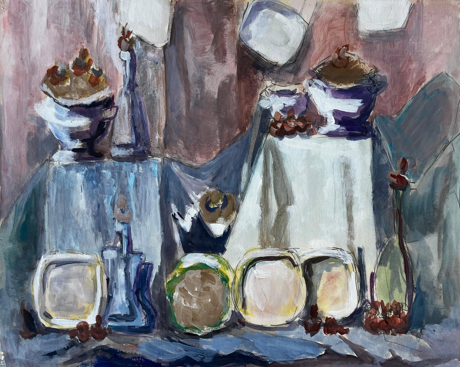 Guy Nicod; Modernist Still Life With Bowls Bottles And Fruit French Gouache Painting: Title: Guy Nicod; Modernist Still Life With Bowls Bottles And Fruit French Gouache Painting Description: Title: Modernist Still Life With Bowls Bottles And Fruit French Gouache Painting Guy Nicod