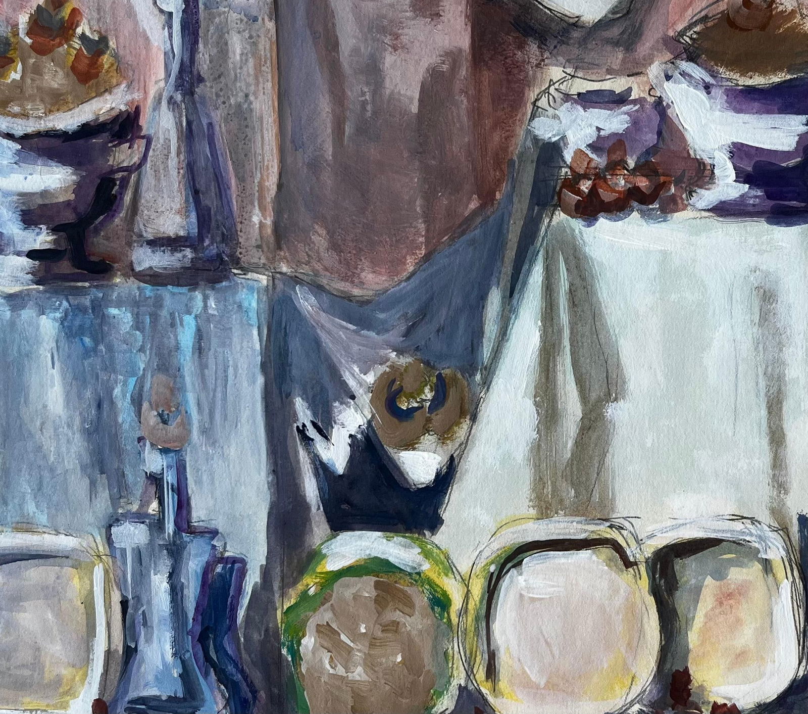 Guy Nicod; Modernist Still Life With Bowls Bottles And Fruit French Gouache Painting - 2