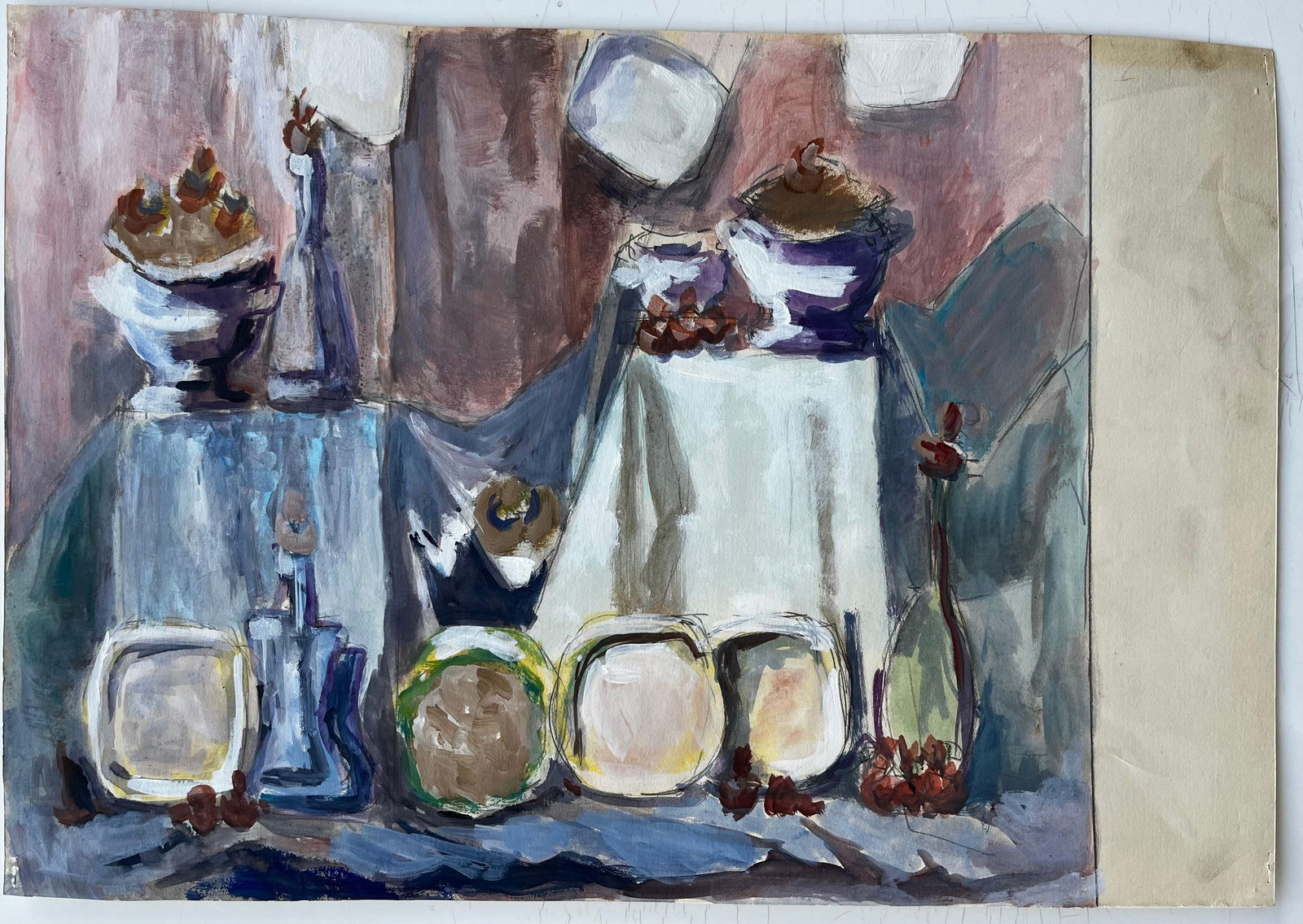 Guy Nicod; Modernist Still Life With Bowls Bottles And Fruit French Gouache Painting - 5